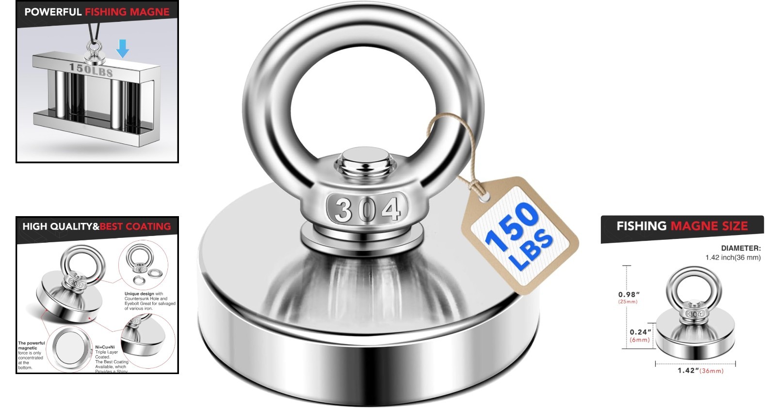 150 Lb Neodymium Fishing Magnet 1.42 Inch with Eyebolt for Salvage & Retrieval