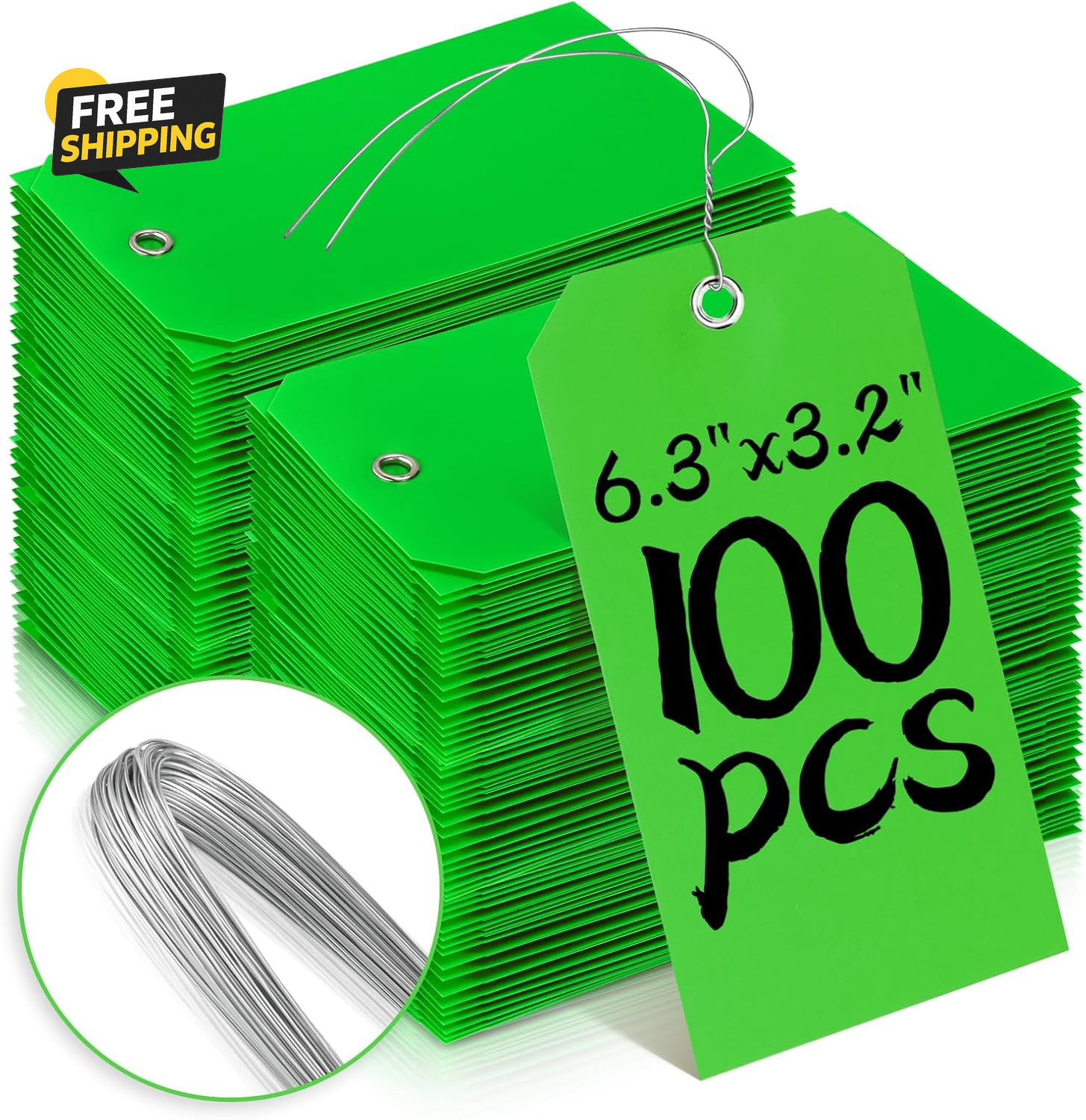 100Pc Shipping Tags w/Wire Green Inventory Parts ID Tags 6-1/4×3-1/8 Labels