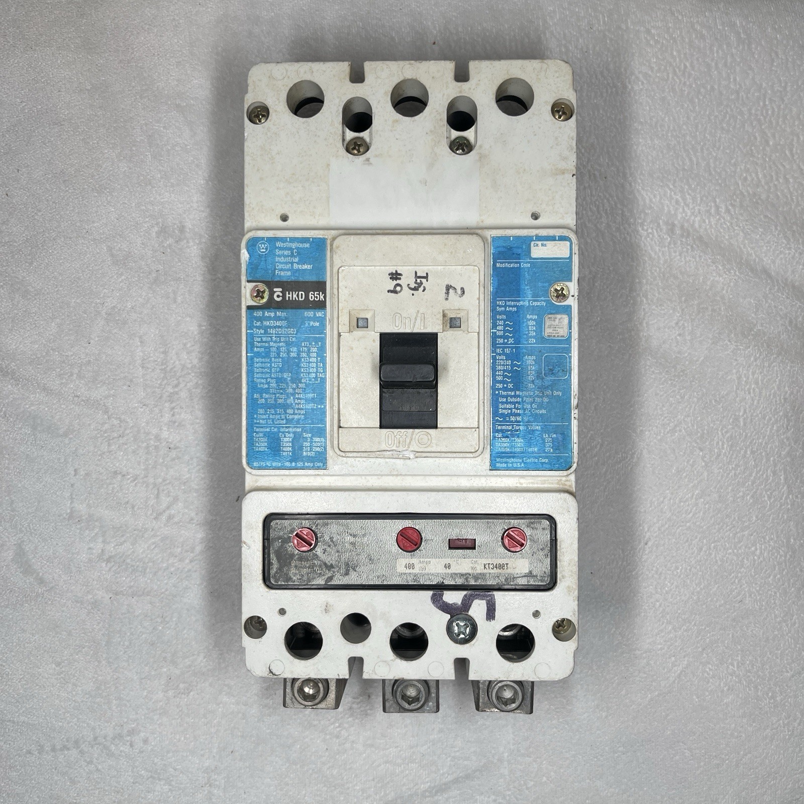 Westinghouse HKD3400F 400 Amp 3 Pole 600 VAC Circuit Breaker KT3400T Trip Unit