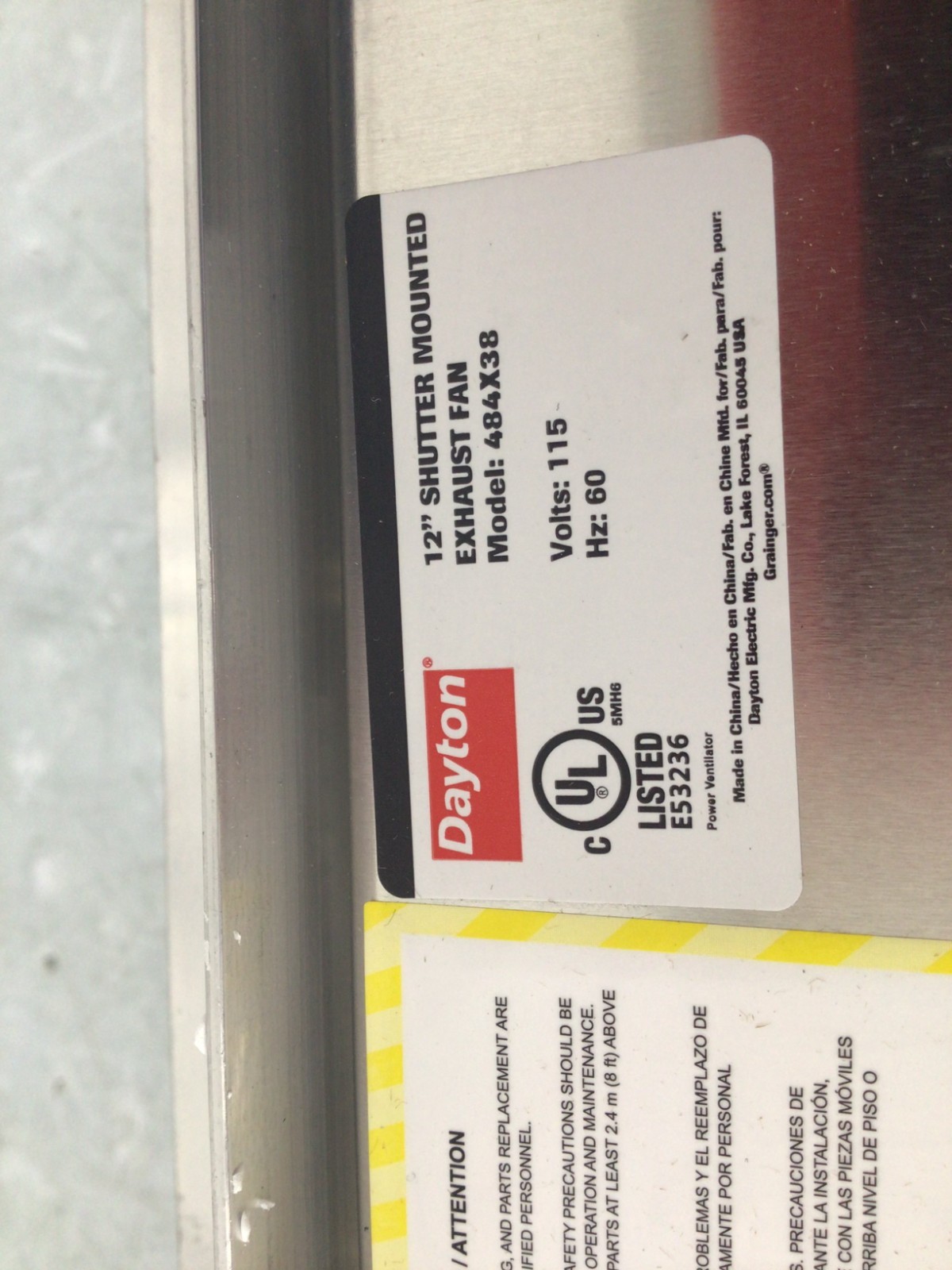 DAYTON – 484X38 Shutter Mount Exhaust Fan 12 in Blade Totally Enclosed 1/15 hp