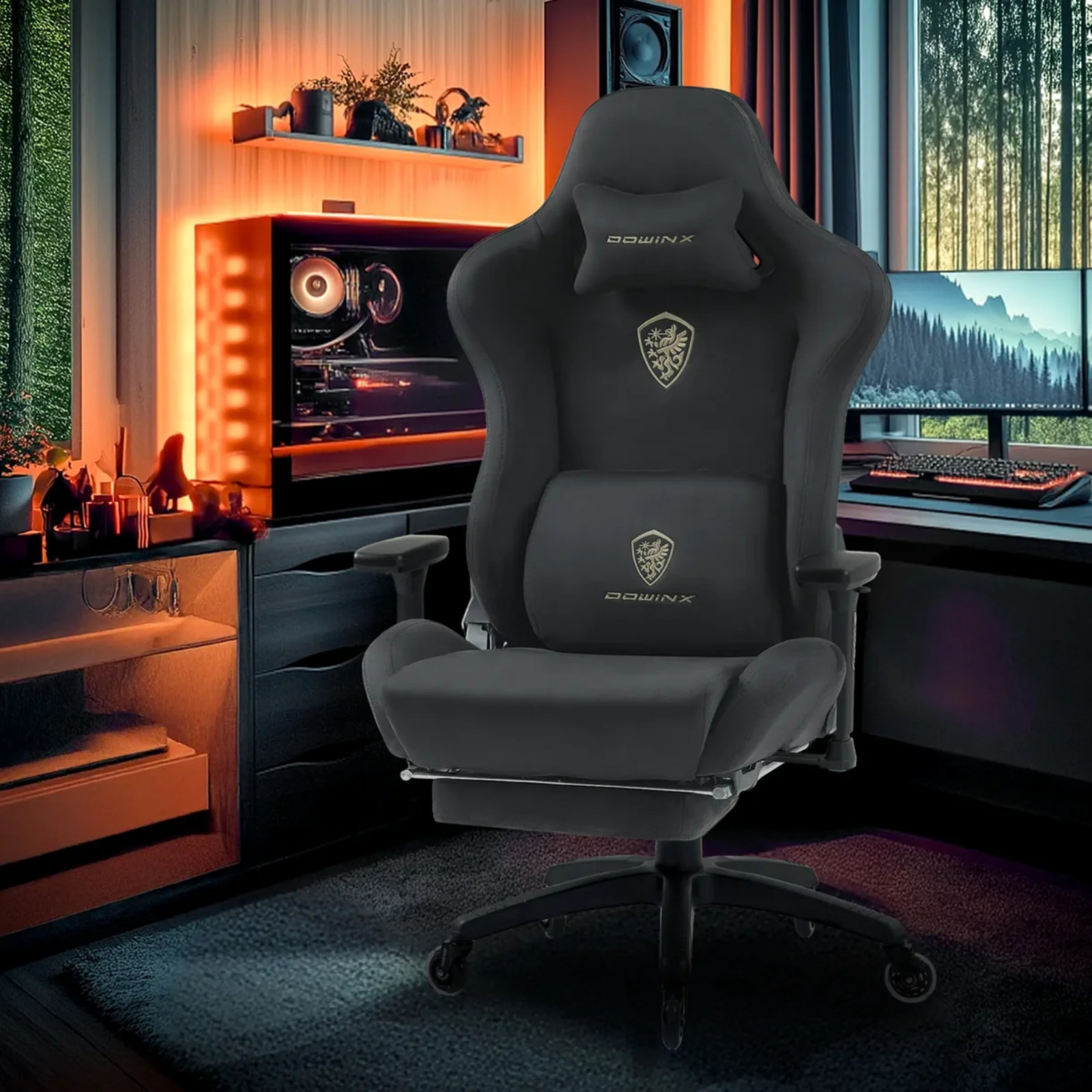 Dowinx Suede Gaming Chair with Silent Wheels, Lumbar Massage and Footrest