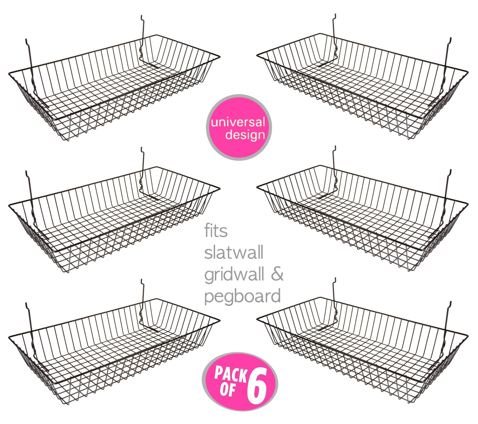 6 pcs -24″ x 12″ x 4″ Baskets for Gridwall/Slatwall/Pegboard – BLACK