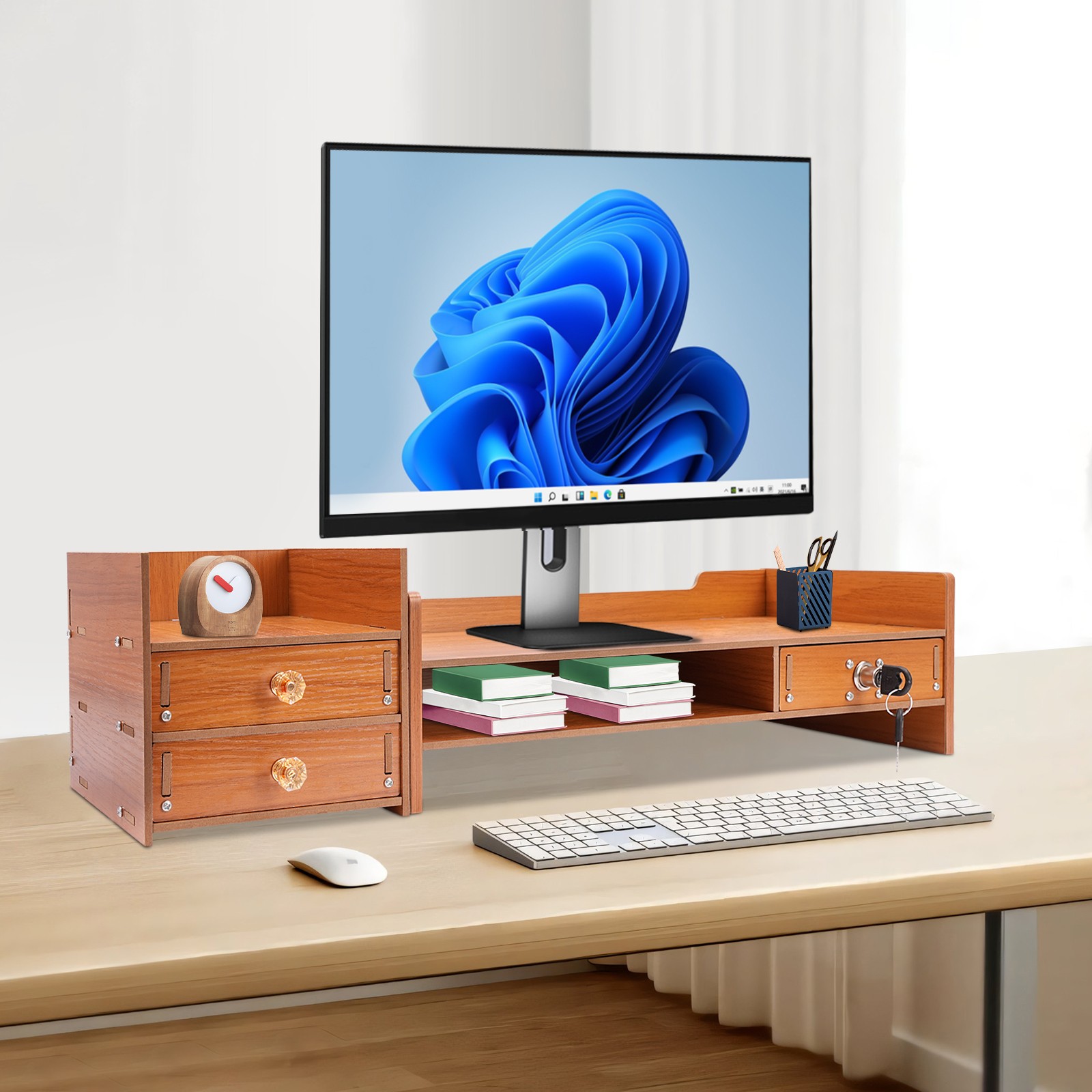 Computer Monitor Stand With Lockable Drawer & Phone Holder For Home Office