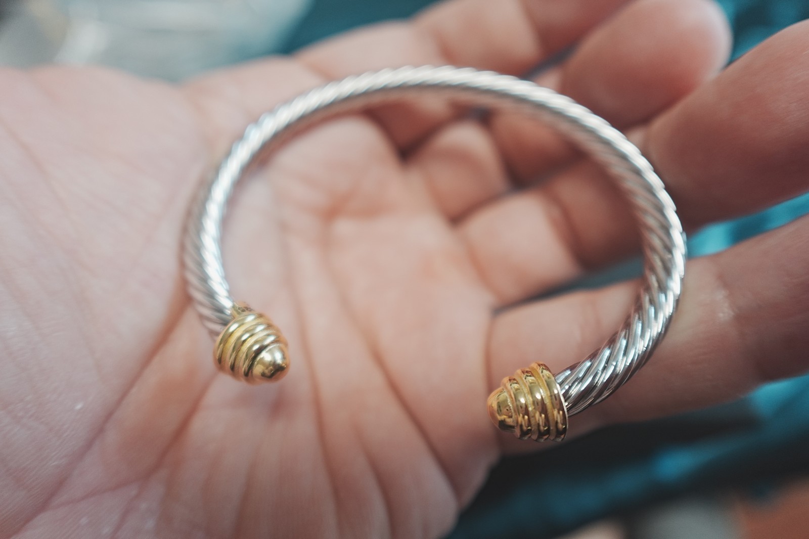 Gift.DavidYurman4mm.Classic Cable.Sterling Silver BraceIet&18k Gold Dome BangIe