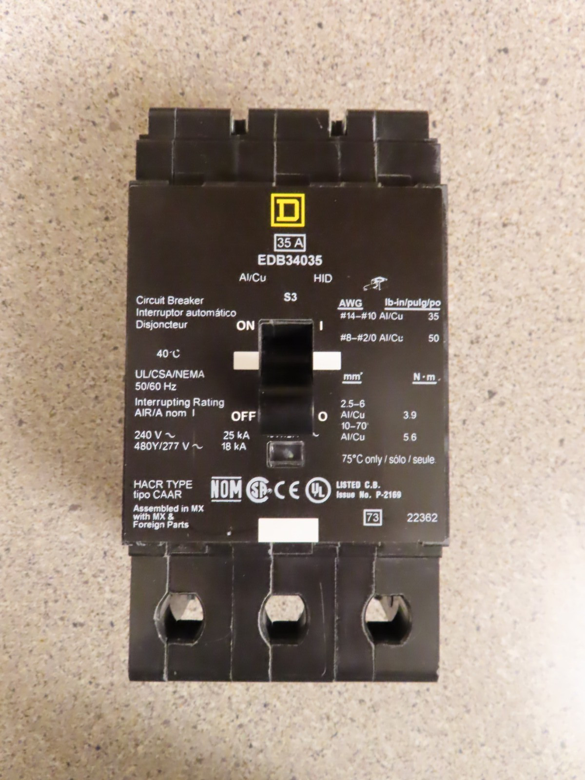 Square D EDB34035, 35 Amp, 480 Volt, 3 Pole, Circuit Breaker- NEW-S