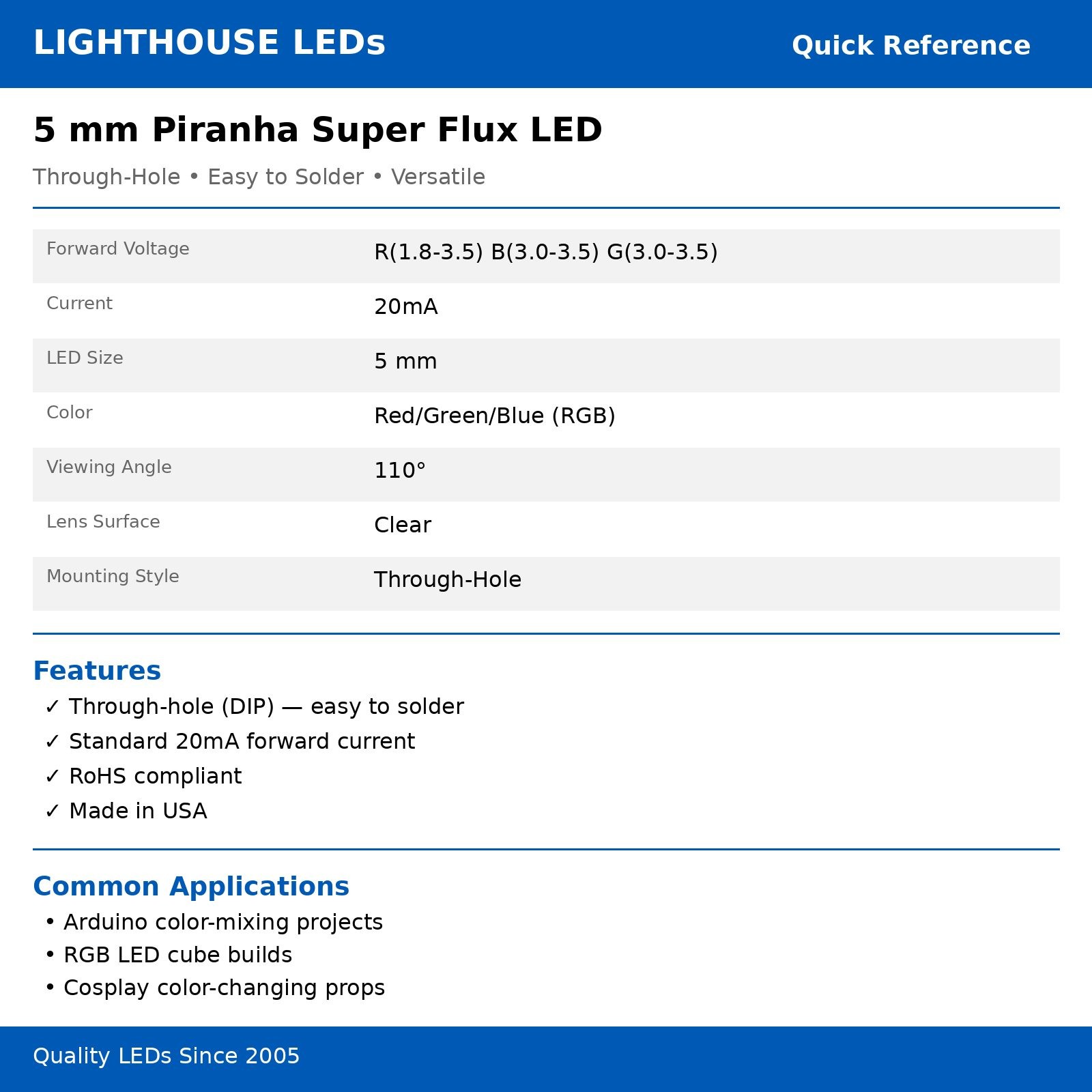 5 x LED 5mm Super Bright Piranha LED – RGB – Common Anode Red Green Blue Flux