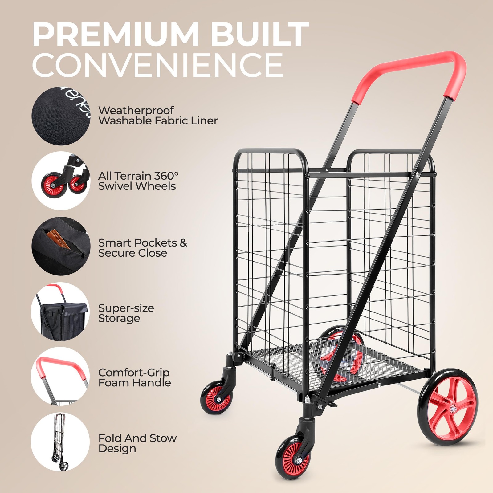 SereneLife 110 lb Capacity Small Foldable Shopping Cart with Cart Liner – (Red)