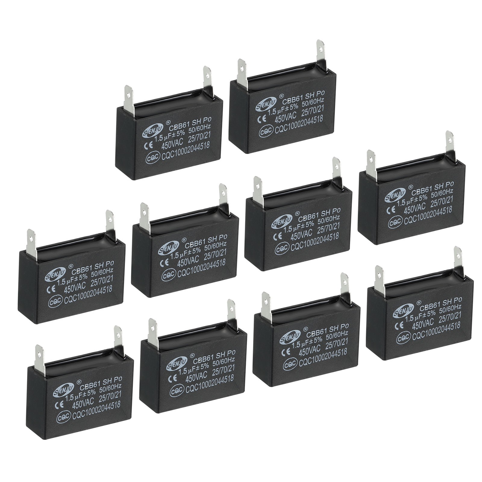 10Pcs CBB61 Ceiling Fan Capacitor 1.5uF 450V AC 50/60HZ with 2pins 35x23x22mm