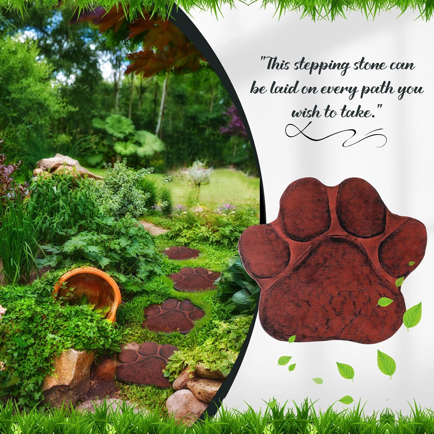 Dog Paw Garden Stepping Stones – Set of 3 Rustic Outdoor Decor 12″ Brown