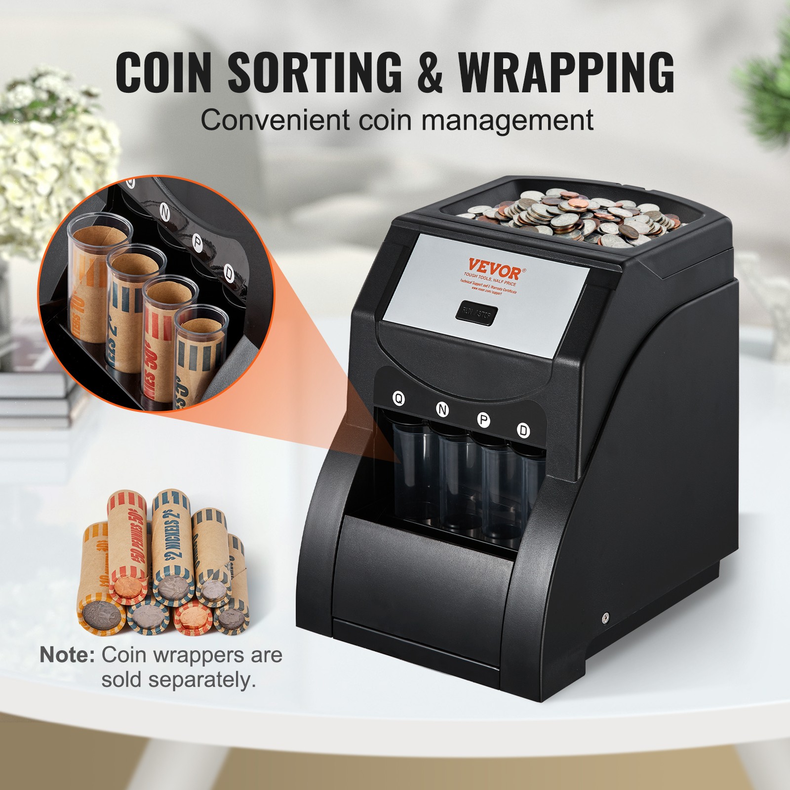 VEVOR USD Coin Sorter Coin Wrapper and Roller 230 Coins/min 4 Coin Tubes