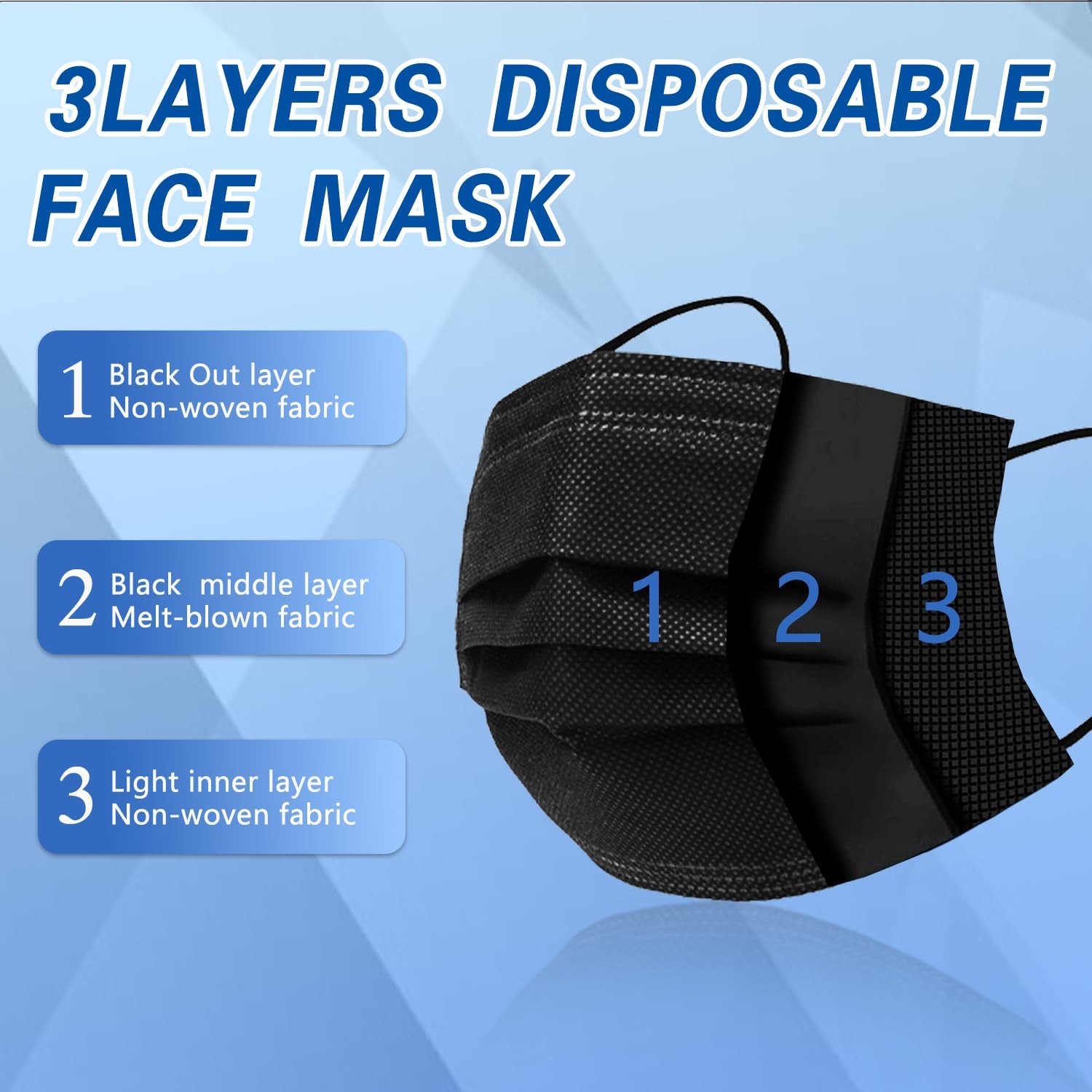 100Pcs Black Disposable Face Mask, 3 Ply Black Face Masks with Soft Elastic E…