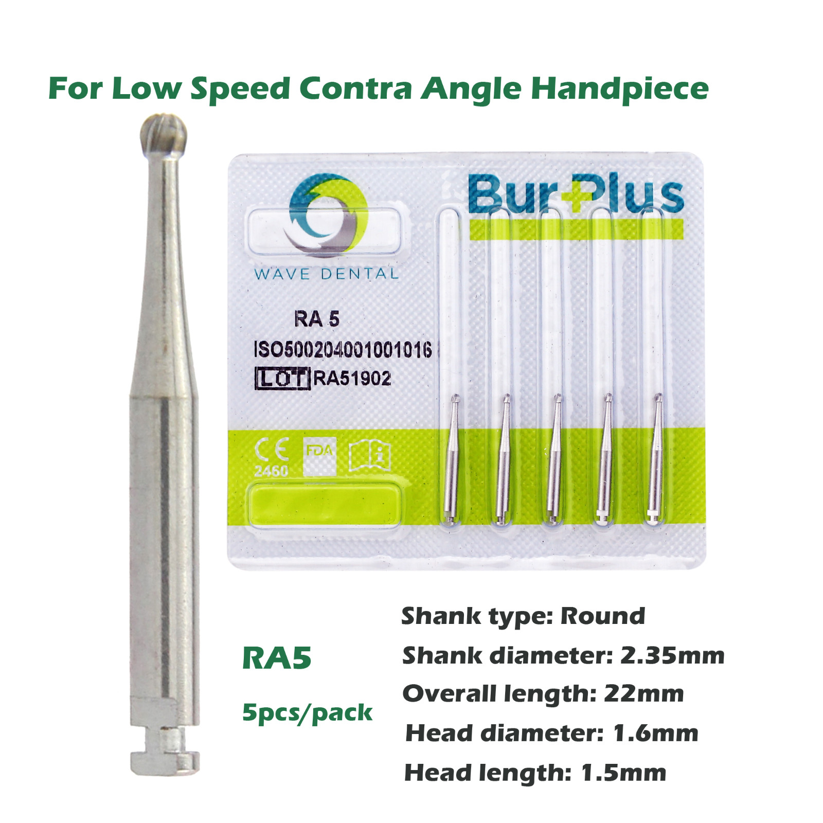Wave Dental Carbide Bur Round for Slow Speed Latch Handpiece RA 1 2 3 4 5 6 7 8