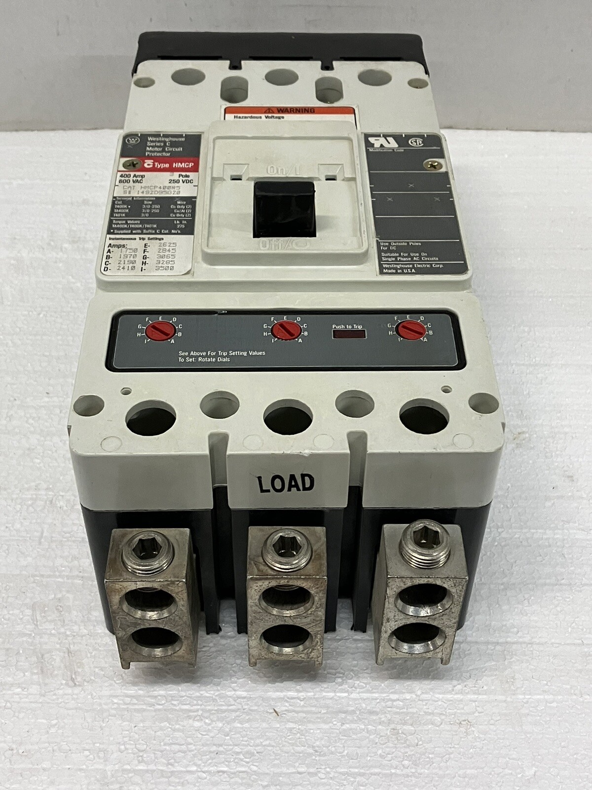 Westinghouse HMCP400R5 Circuit Breaker 400A 3 Pole 600VAC