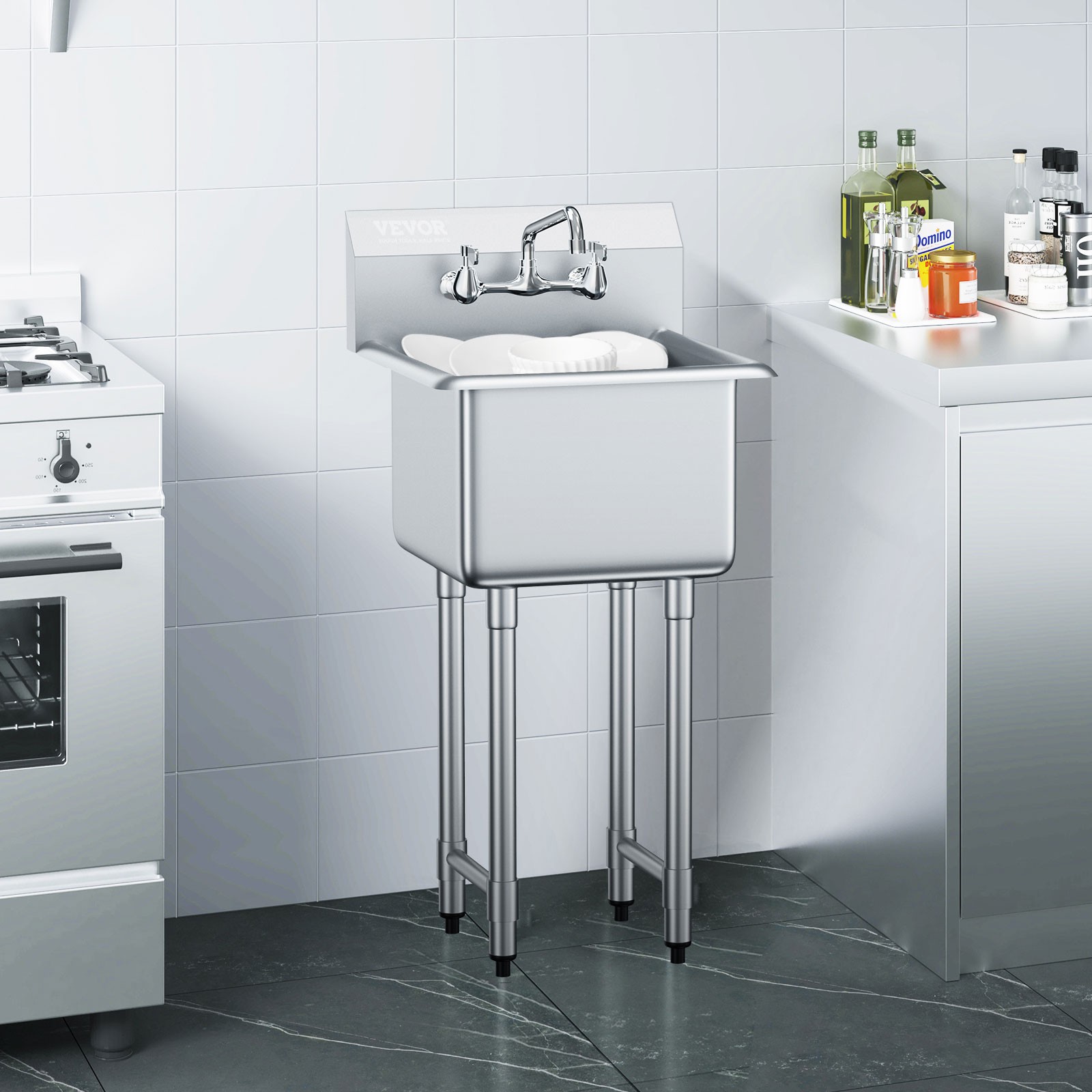 VEVOR Commercial Utility & Prep Sink 1 Compartment Stainless Steel Backsplash