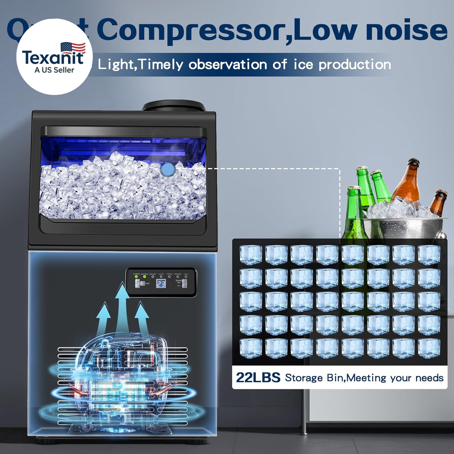 Commercial Ice Maker Machine 110LBS/24H, Undercounter or Freestanding Ice Machin