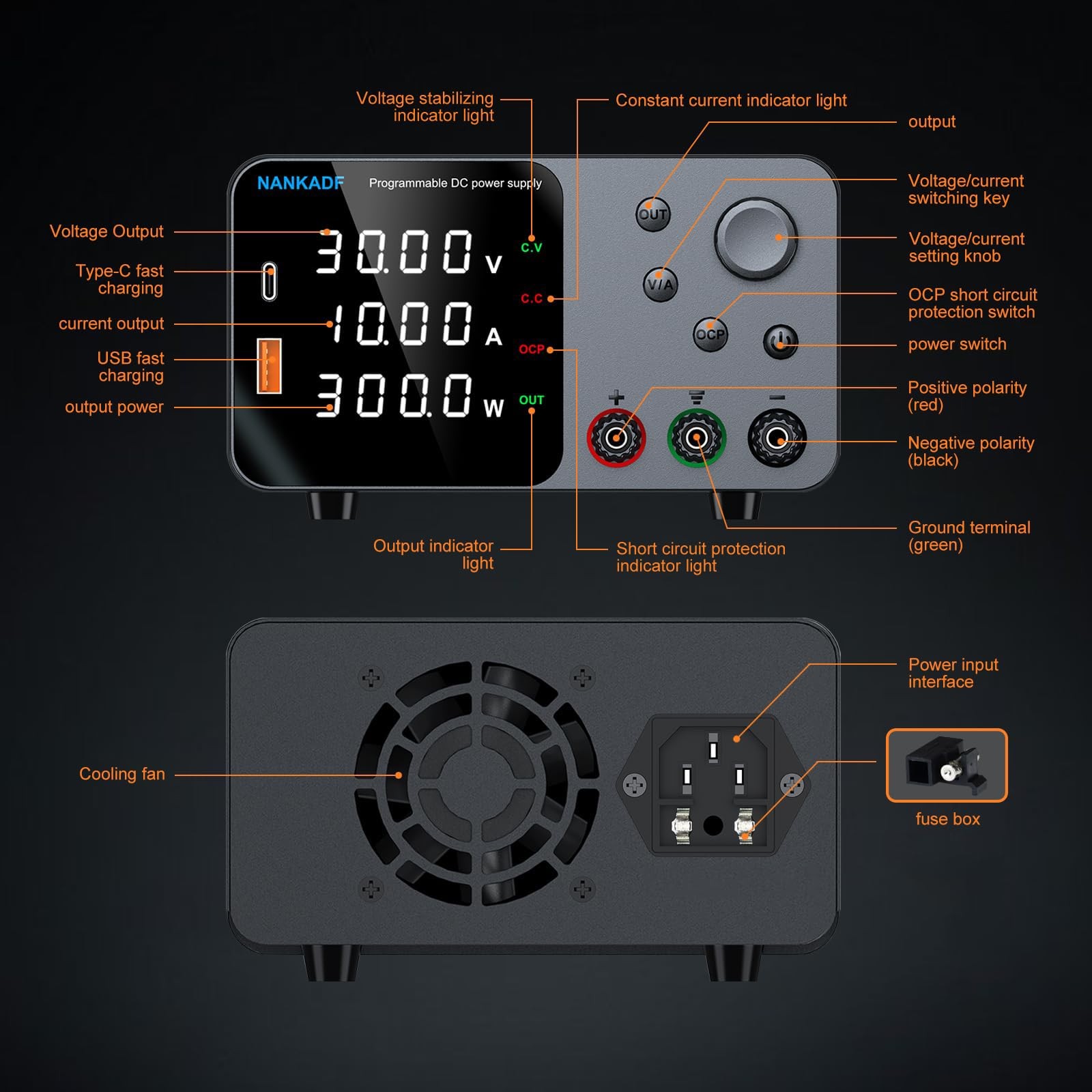 DC Power Supply 30V 10A Bench Encoder Adjustment 5V/3.6A USB Type-C