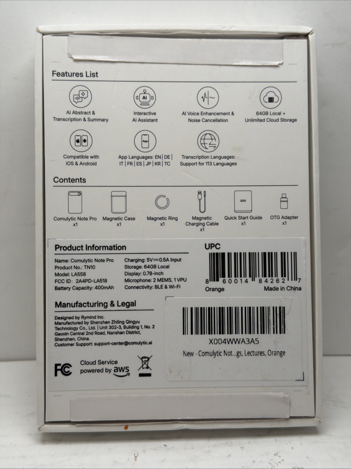 Comulytic Note Pro AI Voice Recorder Unlimited Transcribe Sum Orange NO CORD :D2