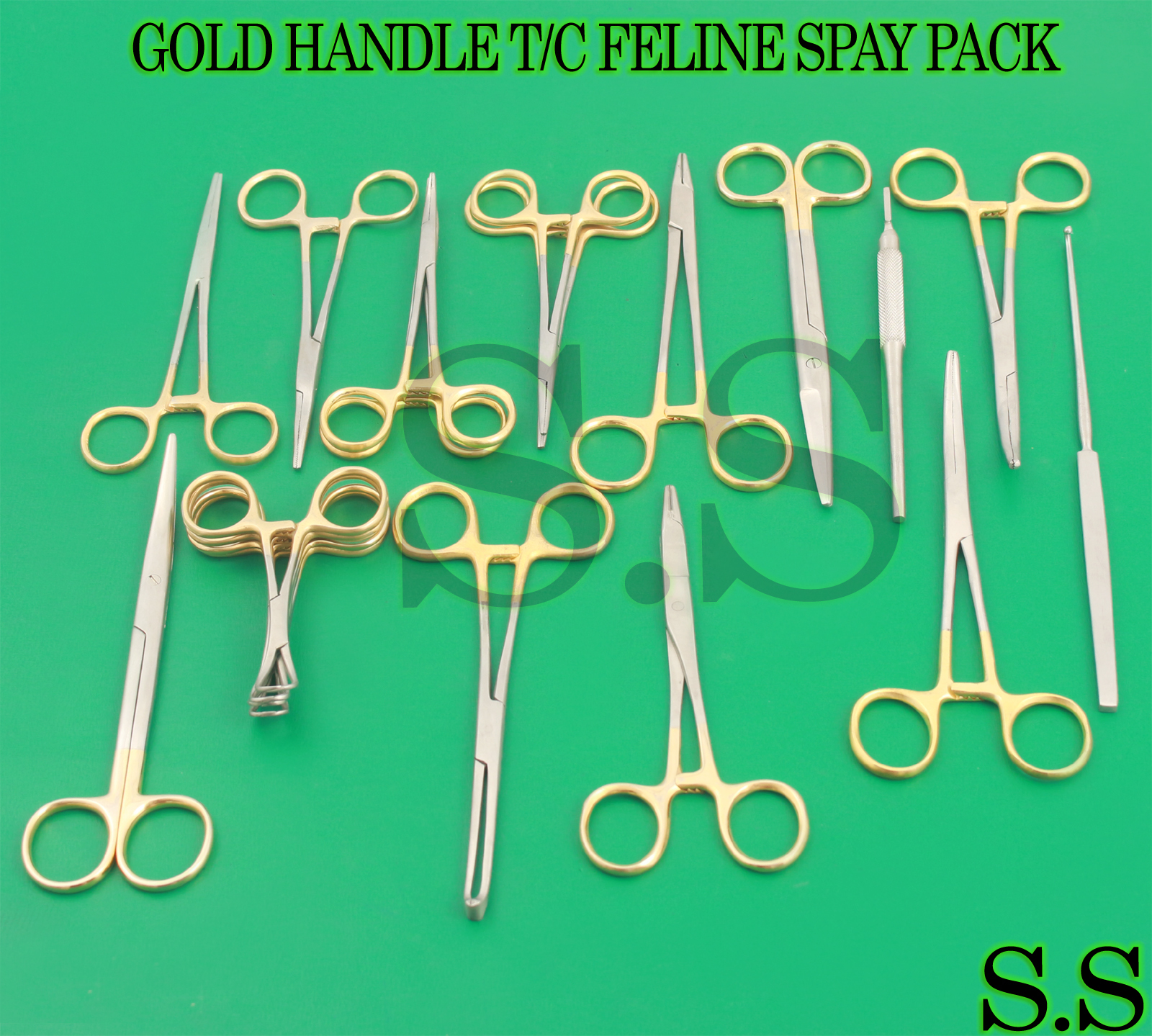 SET OF 20 PCS GOLD HANDLE T/C FELINE SPAY PACK SURGICAL INSTRUMENTS KIT DS-1062