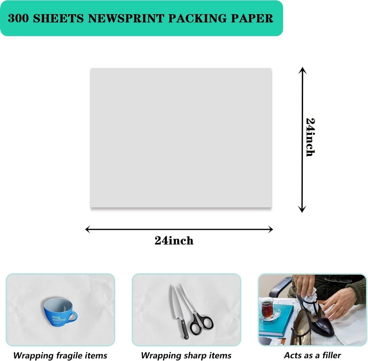 Bulk 300 Count 24×24 Inch Newsprint Packing Paper for Wrapping & Shipping Needs