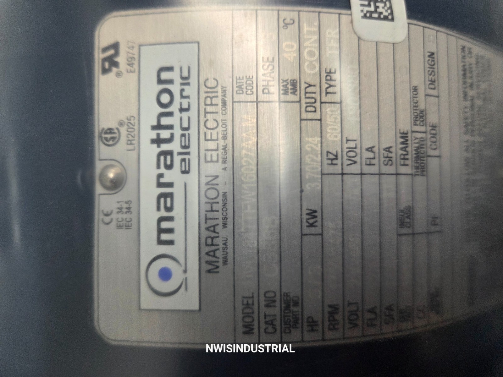 MARATHON ELECTRIC MOTOR C368B, UVL184TTFW16027AAM, 5HP, 1760 RPM, 230/460V 184TC