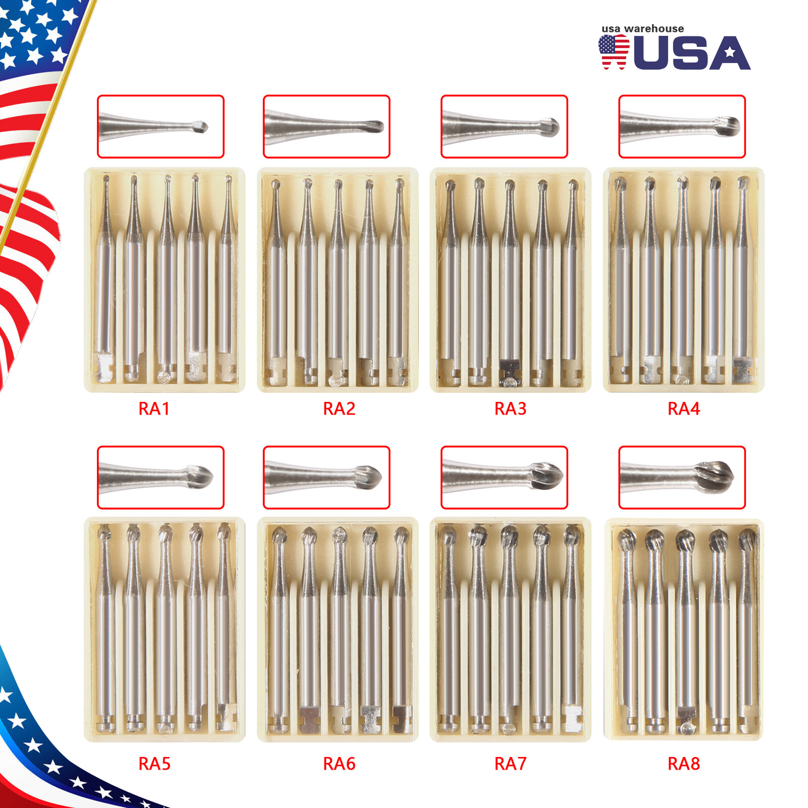 5pcs Dental Round Carbide Burs RA 1-8/ Latch Type Contra Angle Handpiece