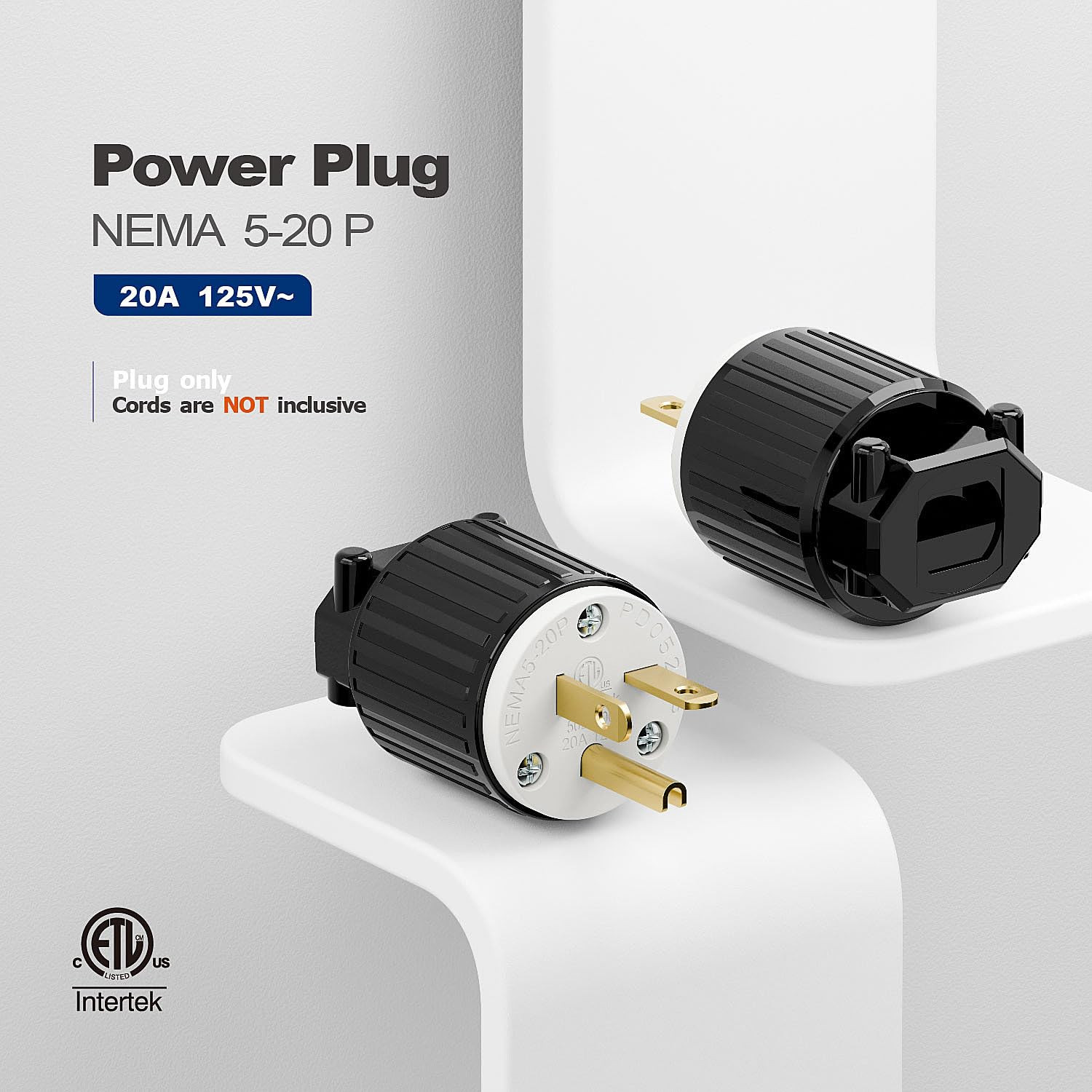 NEMA 5-20P Plug, 20A 125V Heavy Duty Industrial Male Plug, ETL Listed Rewireable