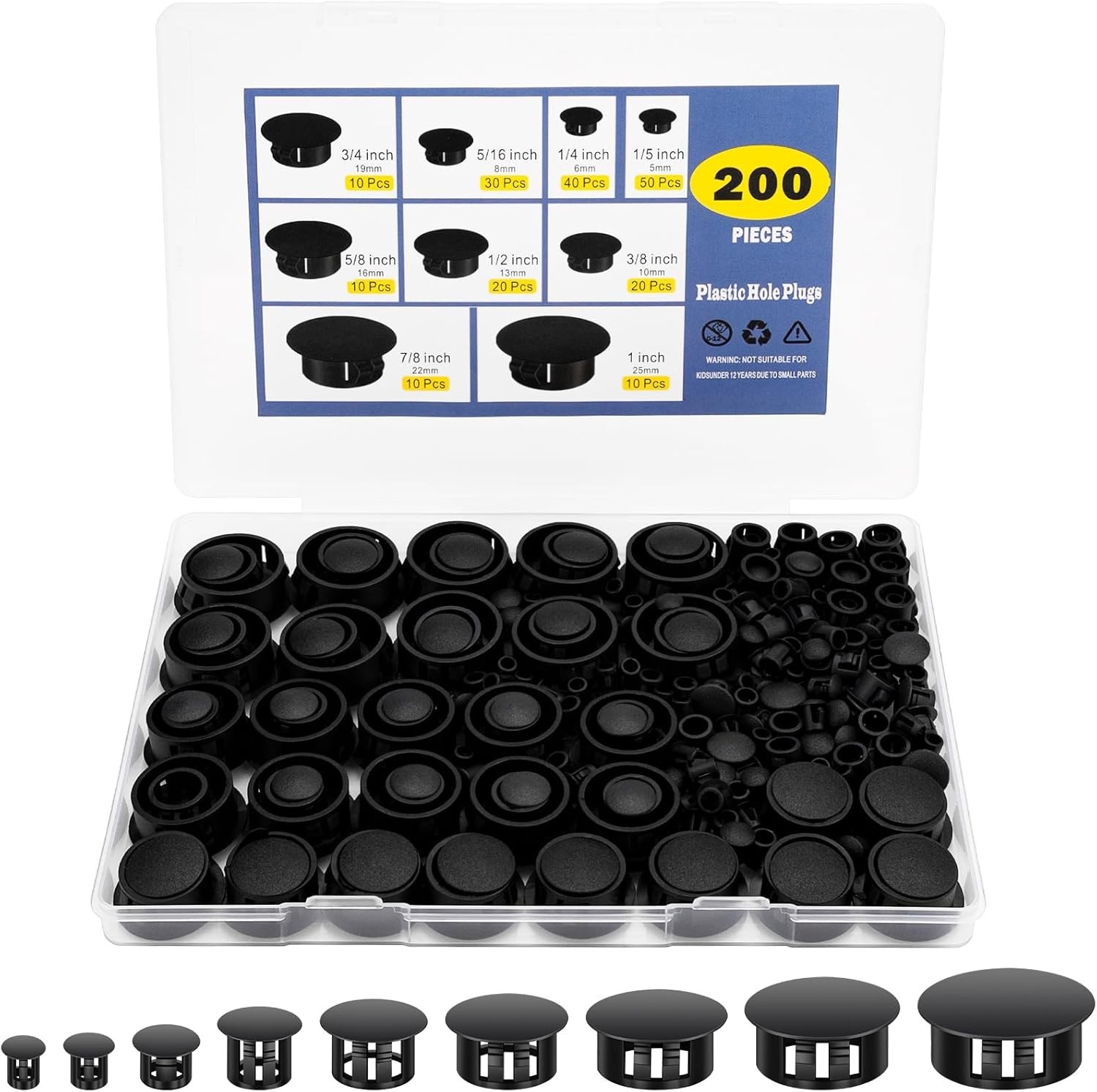 200Pcs 9 Sizes Nylon Plastic Hole Plugs Black Round Hole, Flush Type Panel