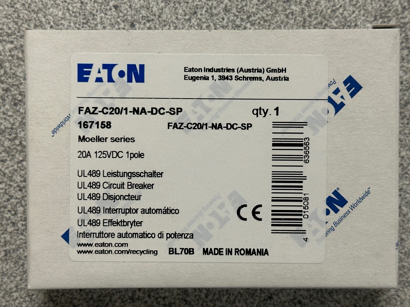NEW EATON FAZ-C20/1-NA-DC-SP DIN Rail Breaker 20A 1P 125VDC 50/60Hz IP20