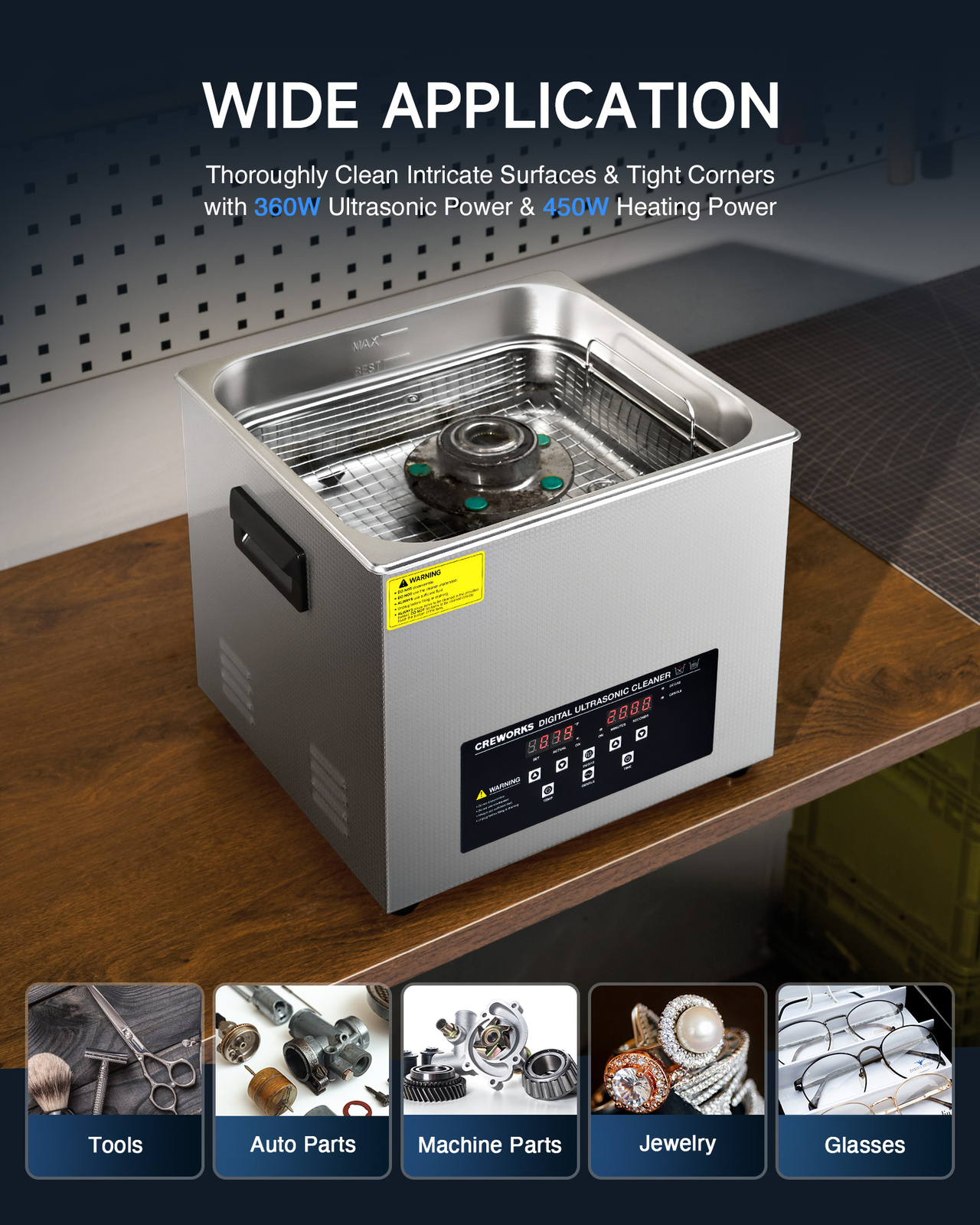CREWORKS 15L Ultrasonic Cleaner Stainless Steel Cleaning Equipment w/ Heater