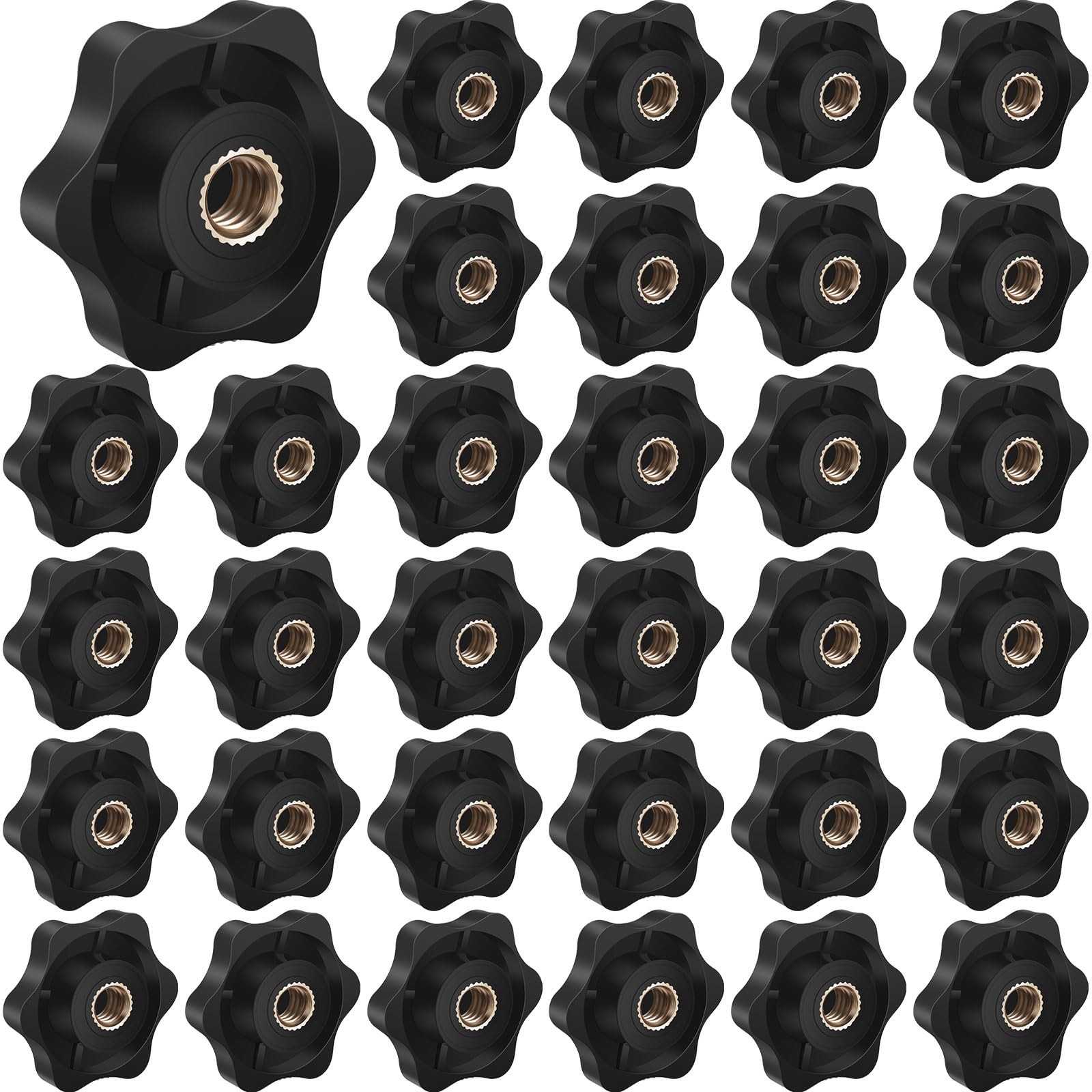 Zhengmy 30 Pcs Female Threaded Knob Black Plastic Head Thru Star Nuts Clamping