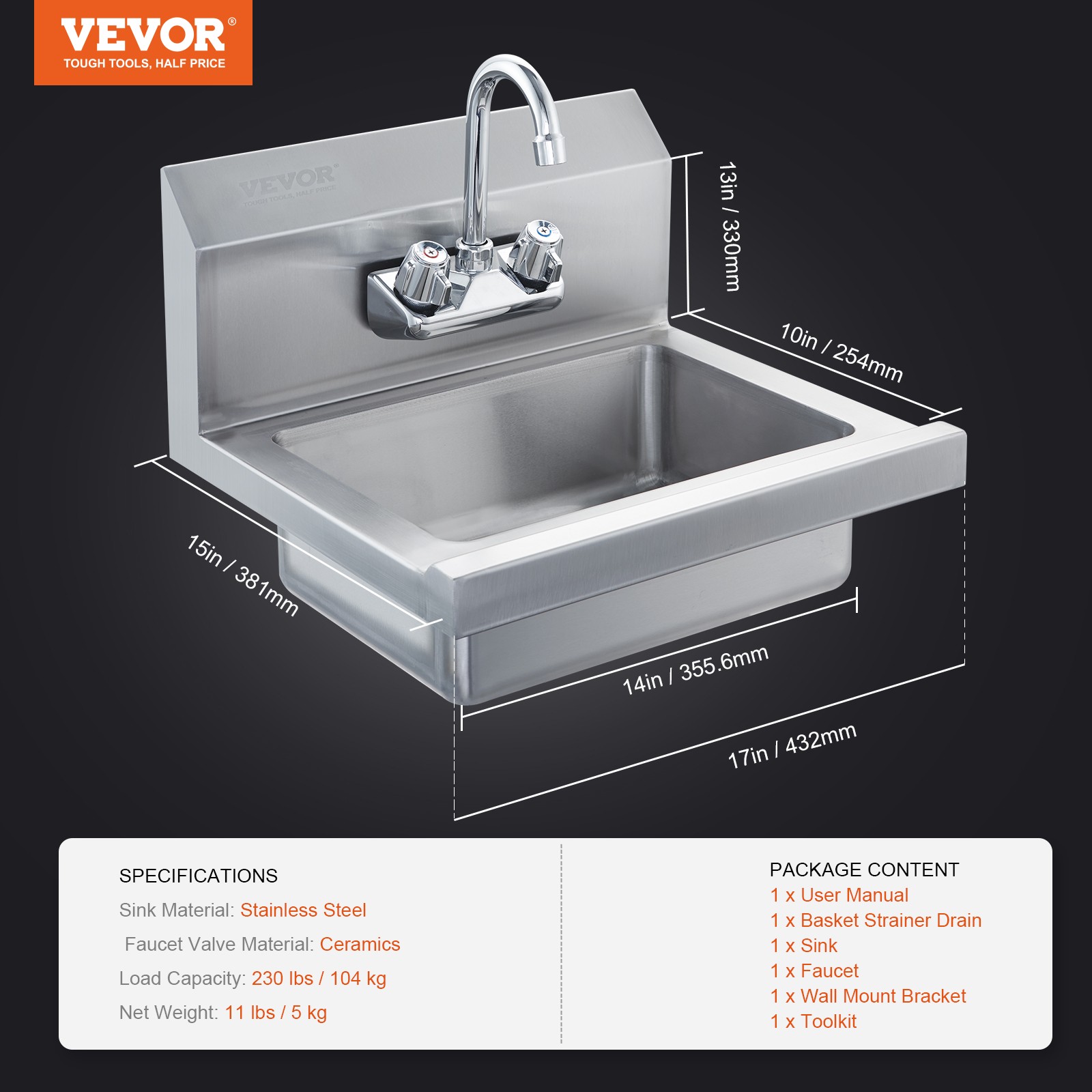 Uimoso 17″x12.8″ Commercial Hand Wash Sink Wall Mount Basin Stainless Steel