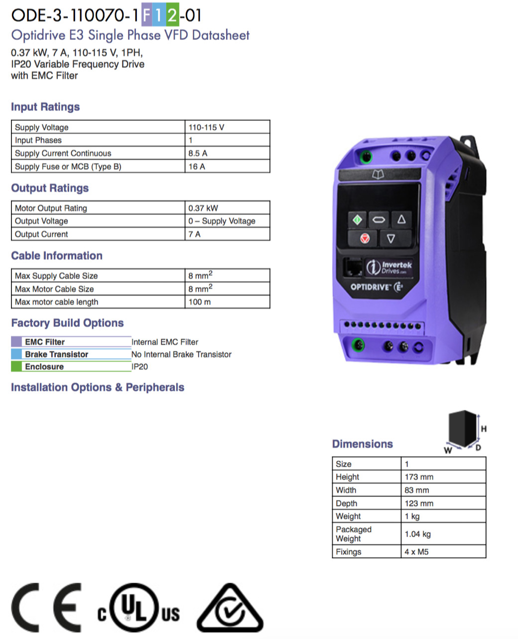 ODE-3-110070-1F12-01 – Invertek VFD – 0.5HP 7.0A 110V-115V 1Ph/1Ph – VFDexchange