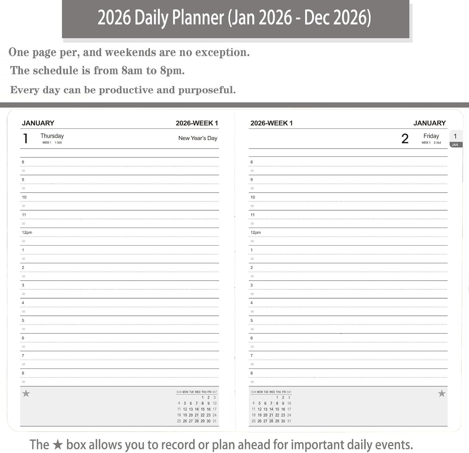 2026 Daily Planner/Calendar One Page Per Day Daily Monthly Agenda Planner Time S
