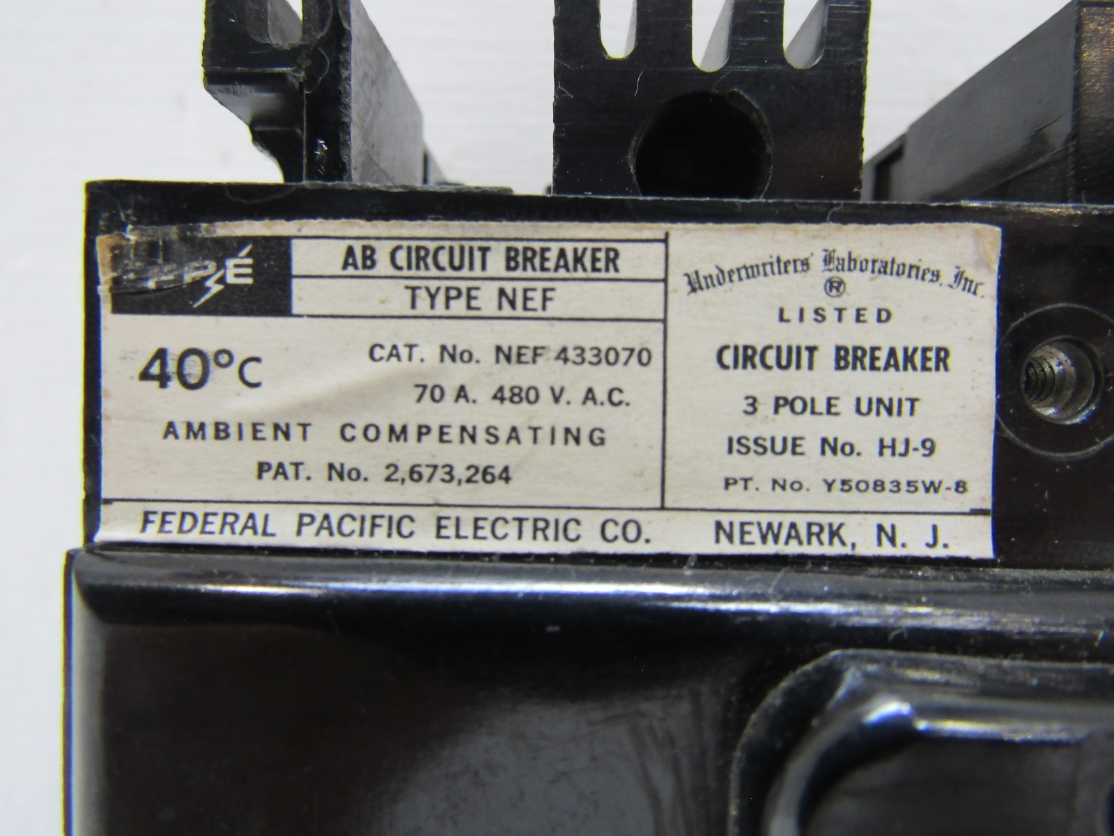 FPE Federal Pacific NEF433070 70 Amp 480V 3-Pole NEF AB Circuit Breaker 70A 3P