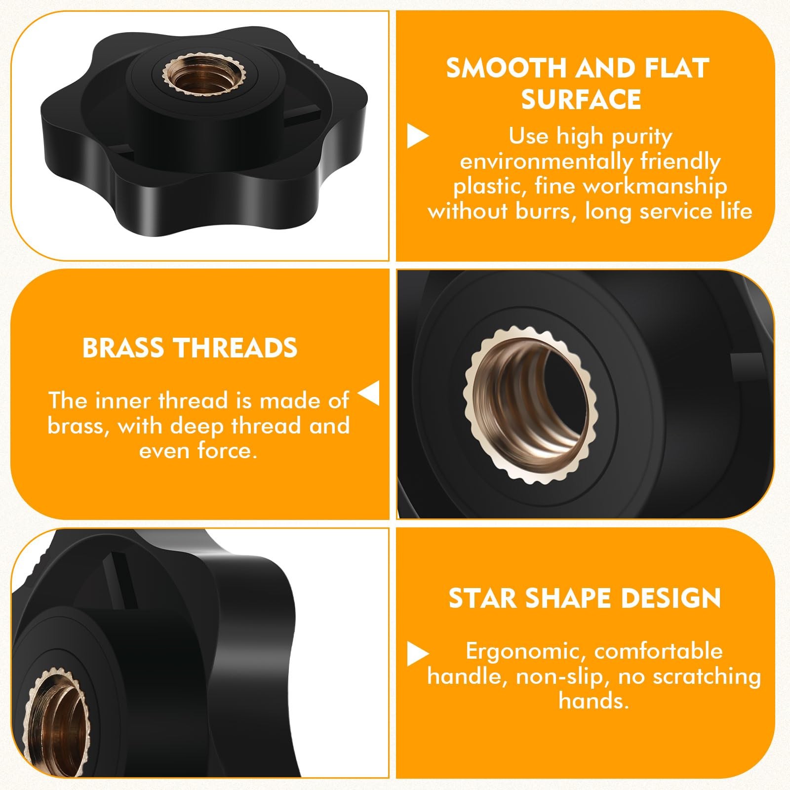 Zhengmy 30 Pcs Female Threaded Knob Black Plastic Head Thru Star Nuts Clamping