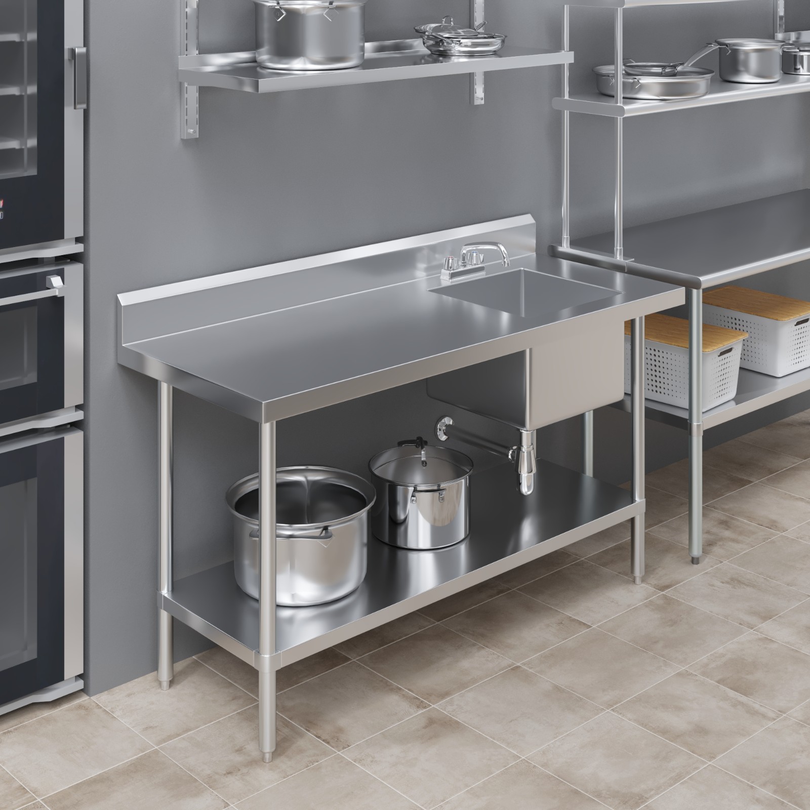 60 in. x 24 in. Stainless Steel Work Table with Built-in Right Prep Sink