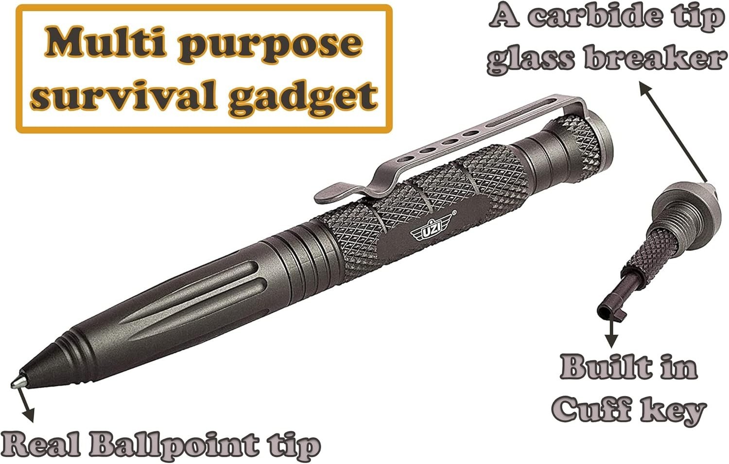 UZI Tactical Pen with CuffKey in The Cap, 1 Count (Pack of 1), Glass
