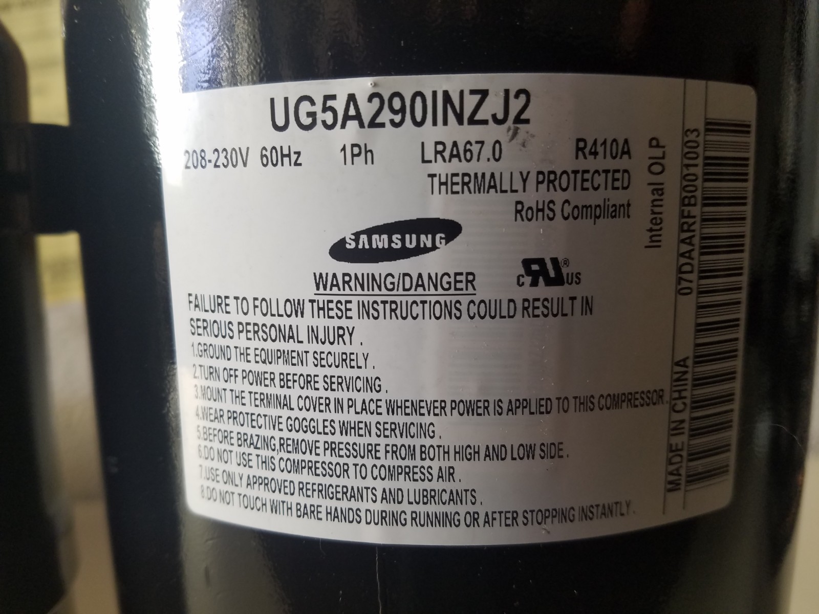 SAMSUNG UG5A2901NZJ2 29,000 BTU 2.5 HP 230/1/60 R-410A A/C COMPRESSOR