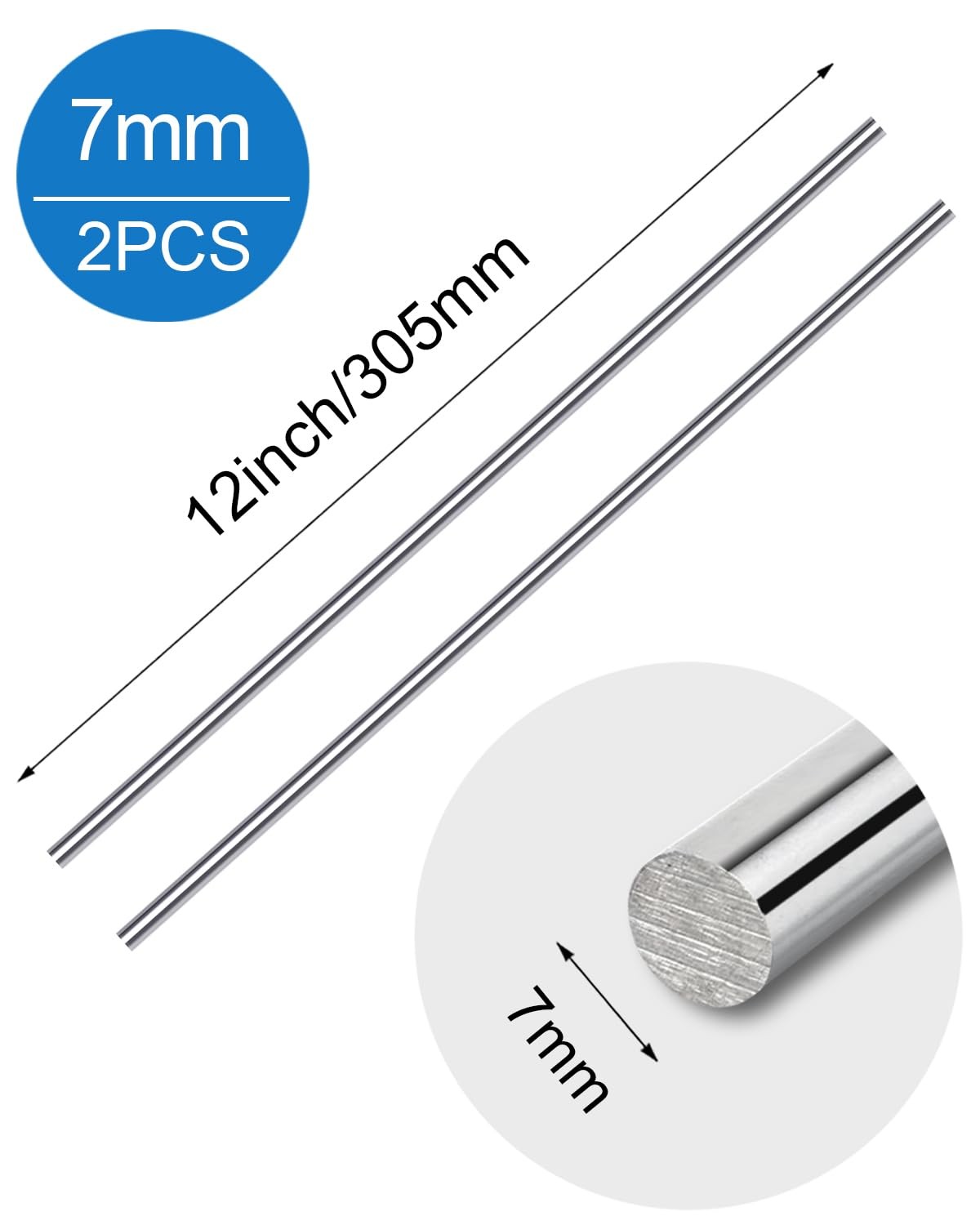 2 PCS 7mm 304 Stainless Steel Rods SS rods, Solid Metal Round 7mm, Silver