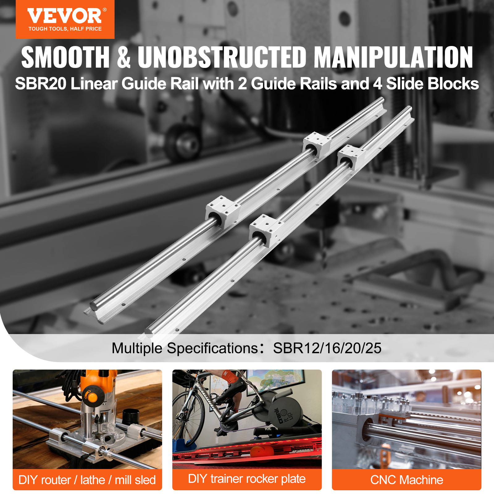 VEVOR 2PCS SBR20 1800mm Linear Guide Rail Slide Rail 4 PCS SBR20UU Bearing Block