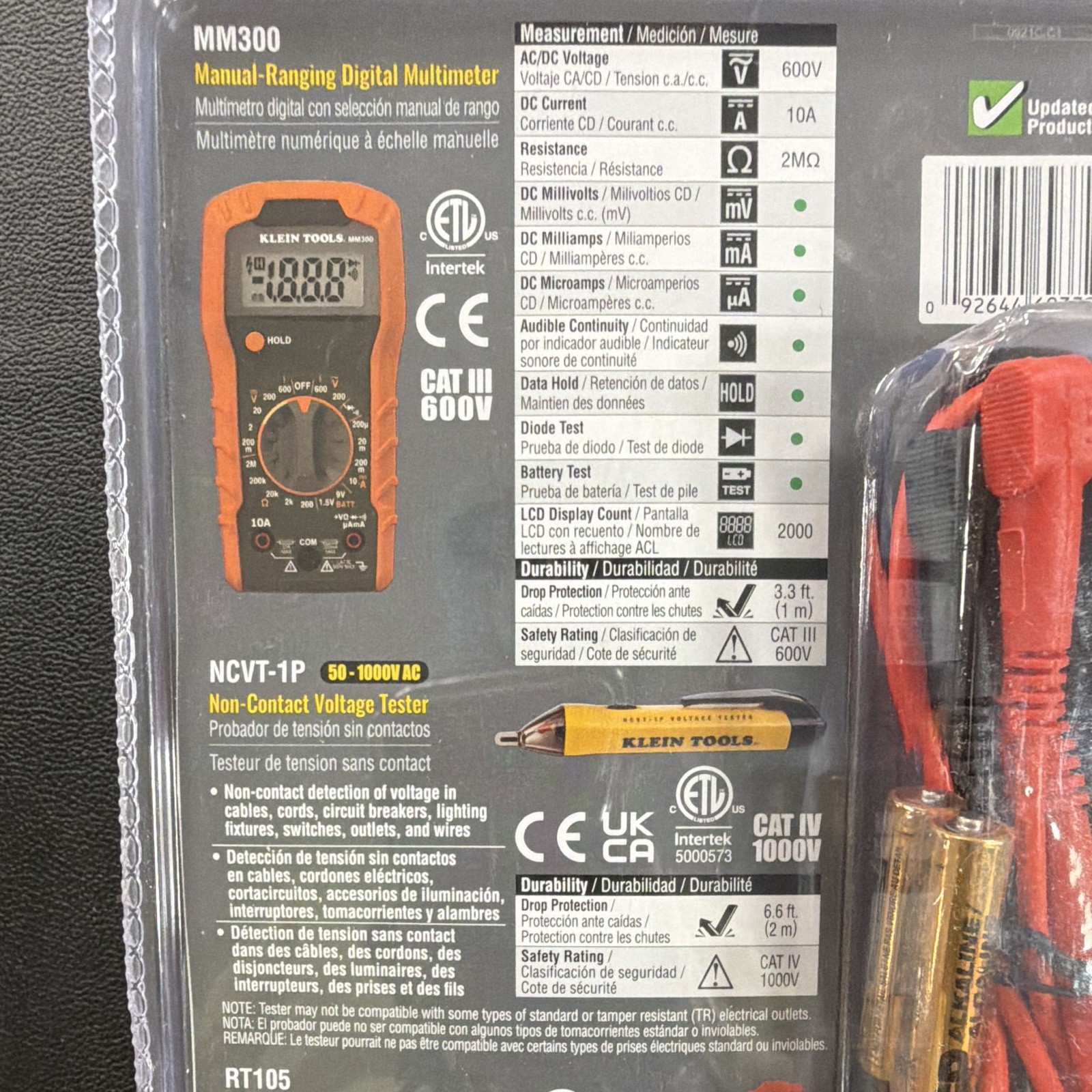 Klein Tools 69149P Electrical Test Kit MM300 NCVT-1P RT105 CAT III 600V