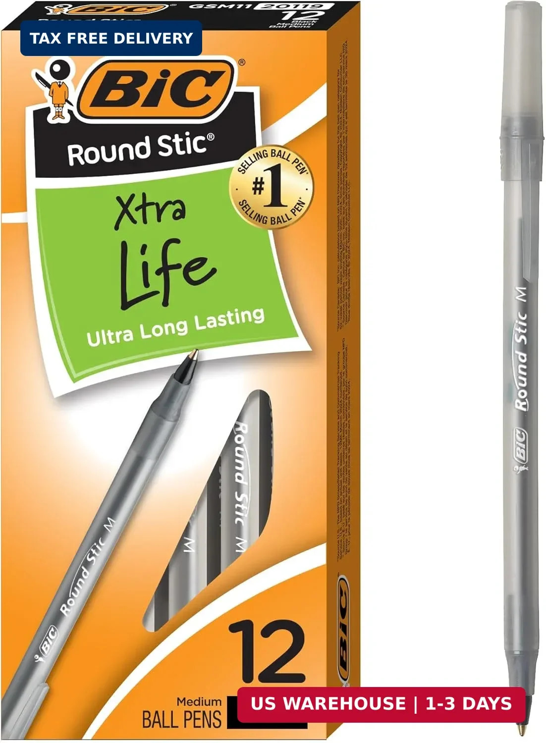 BIC Round Stic Xtra Life Black Ballpoint Pens, Medium Point (1.0mm), 12-Count Pa