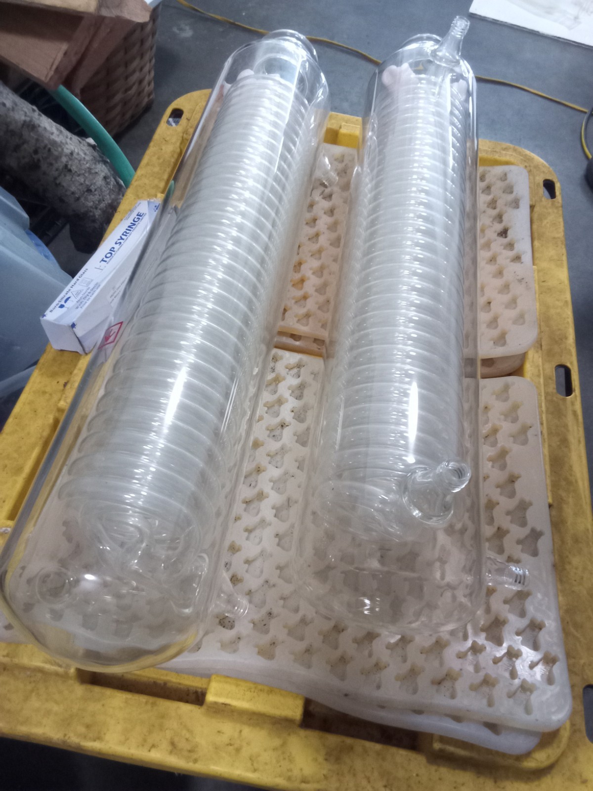Lot of 2 Glass Coil Condensers with Hose Barbs for Chemical & Physical Lab