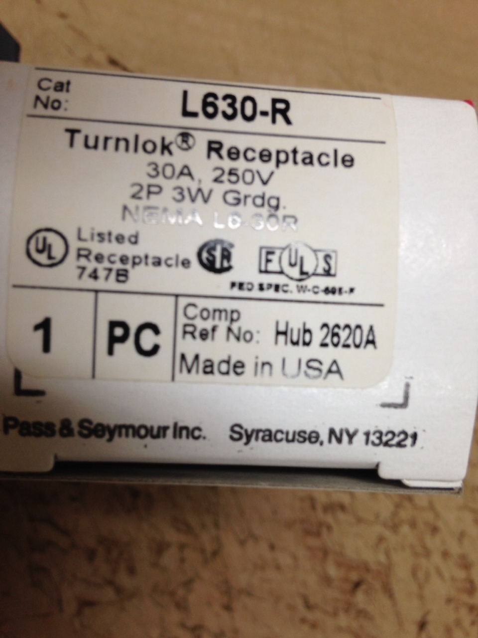 Pass & Seymour locking receptacle L6-30R MADE IN U.S.A. 30 amp 250V twist lock