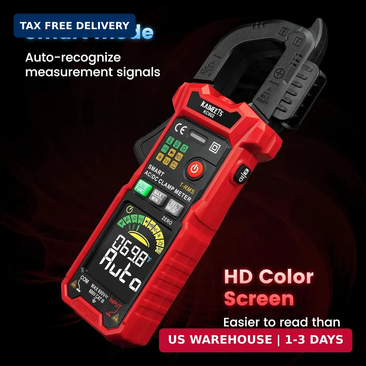 KAIWEETS Smart Digital Clamp Meter with D-Shaped Jaws, Clamp Multimeter with Inr