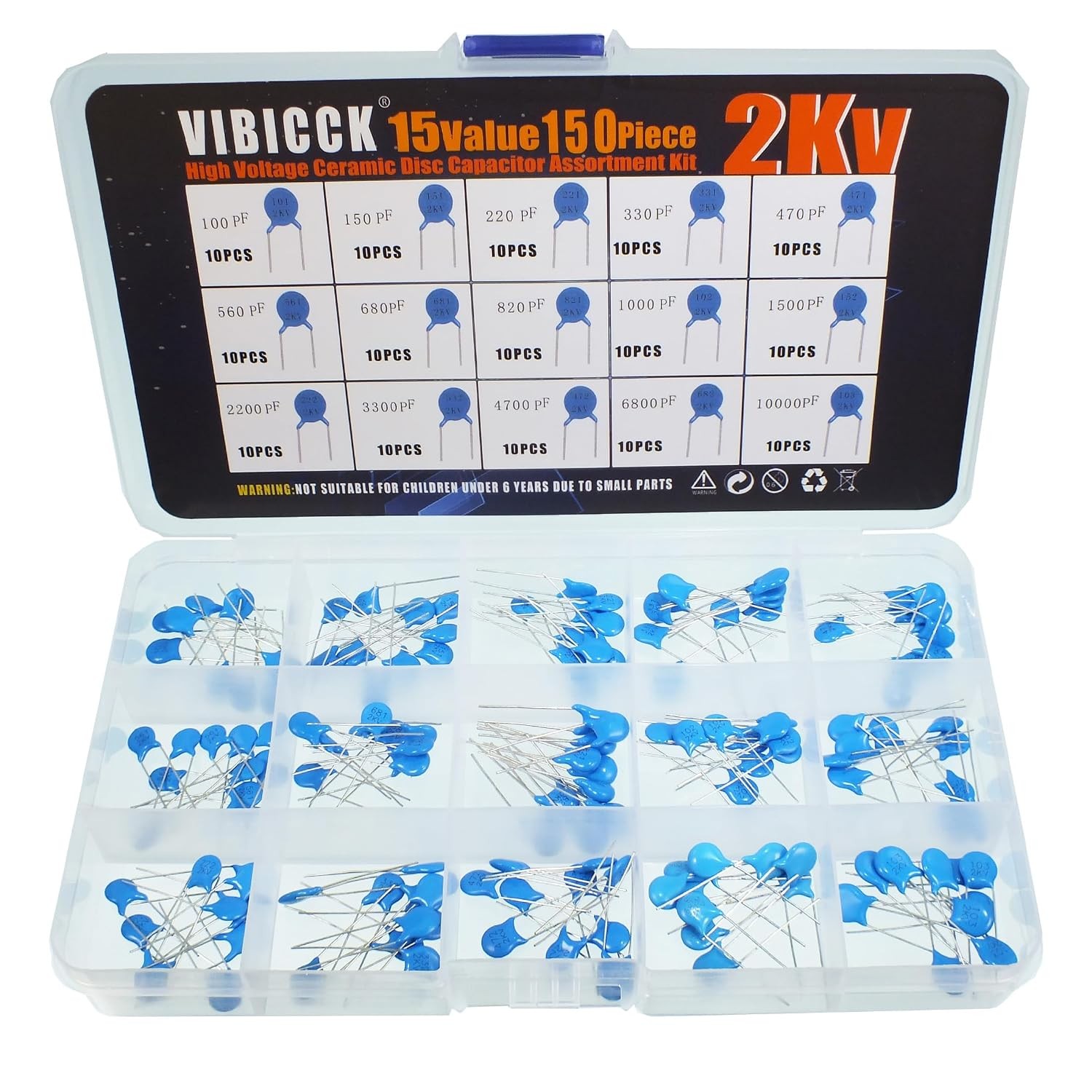 150 Pcs 15Values High Voltage Ceramic Disc Capacitor Assortment 2KV 0.1nF~22nF