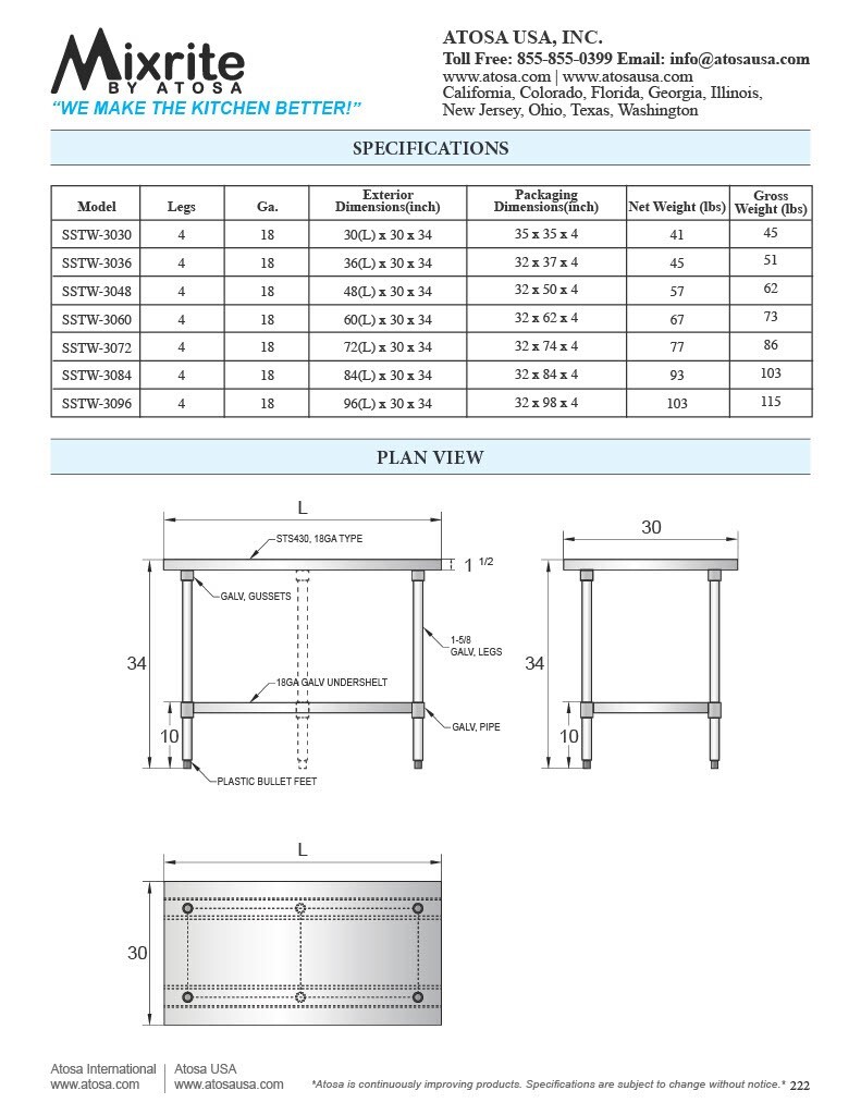 Atosa SSTW-3060 — 30″ x 60″ STAINLESS STEEL Worktable