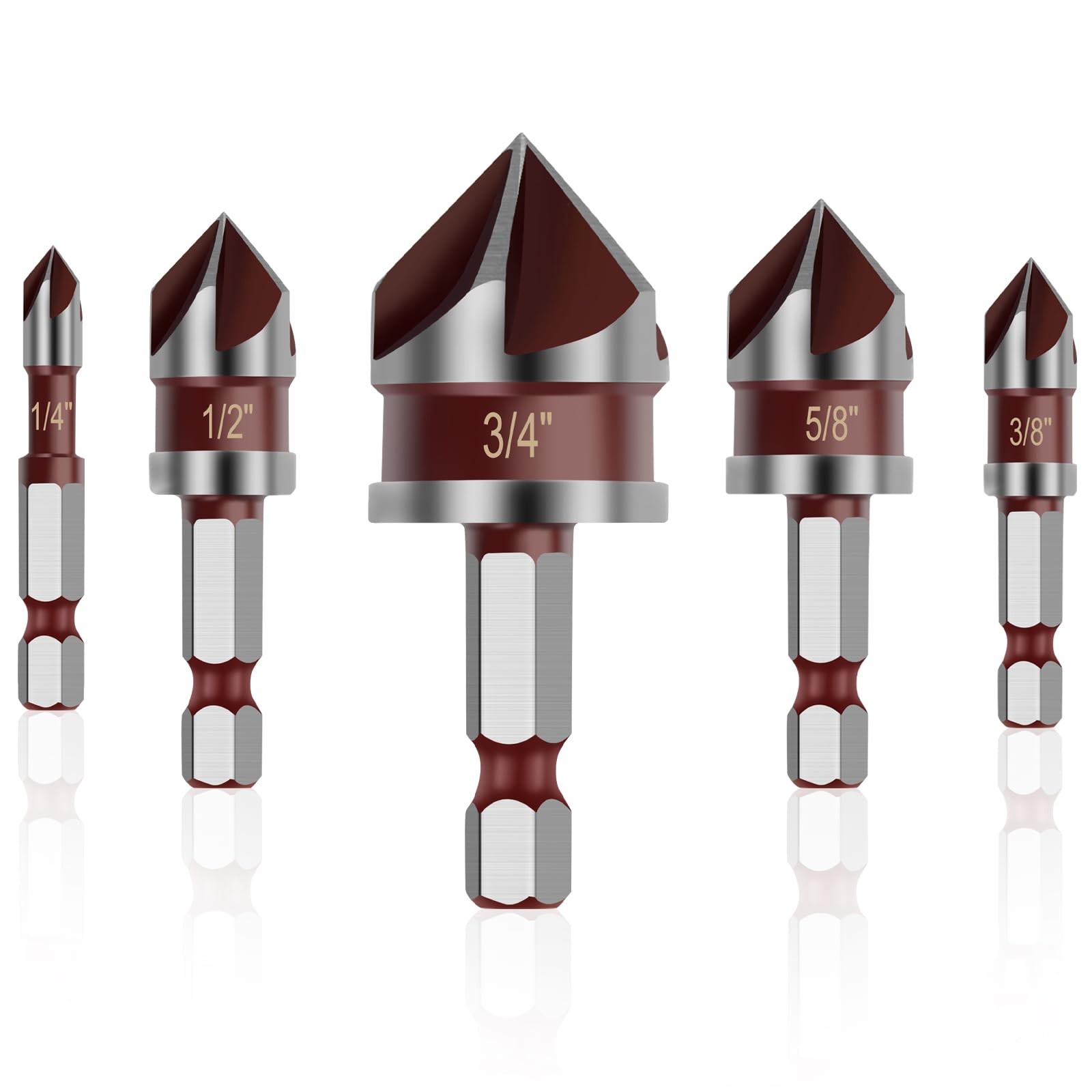 5PCS Countersink Drill Bit Set, 1/4″ Hex Shank 1/4”, 3/8”, 1/2”, 5/8”, 3/4”