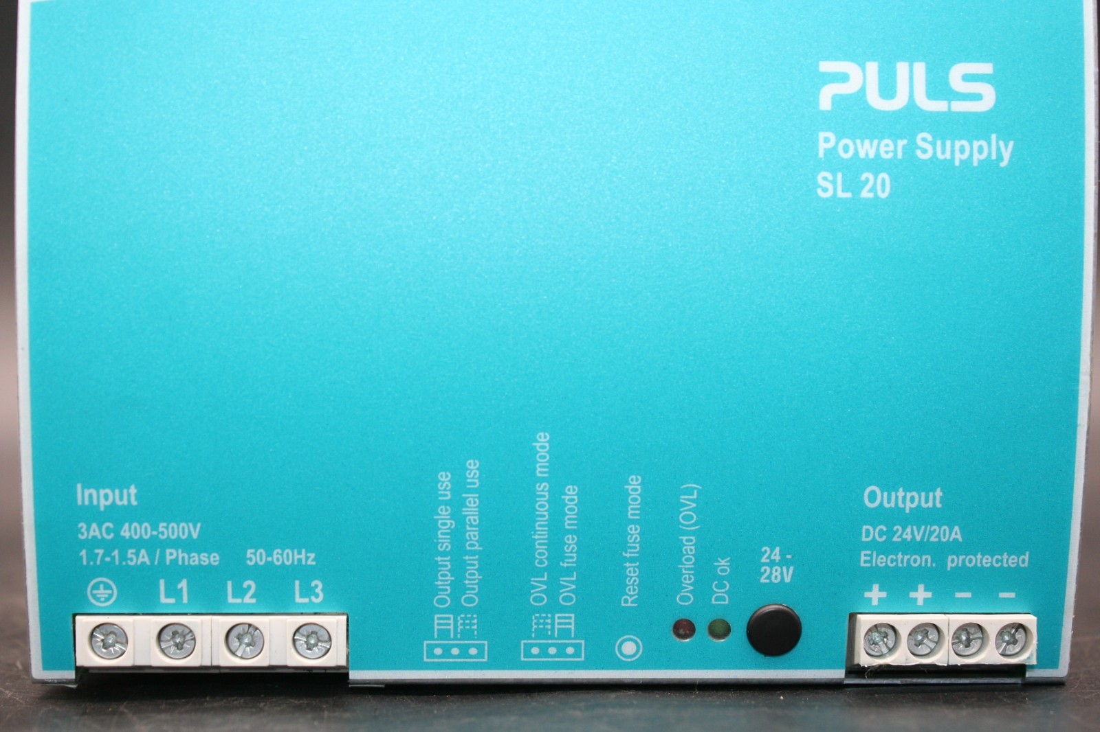 One (1) PULS SL20.310 Power Supply, 3 Phase, 480W, 400-500V AC, 24-28V DC