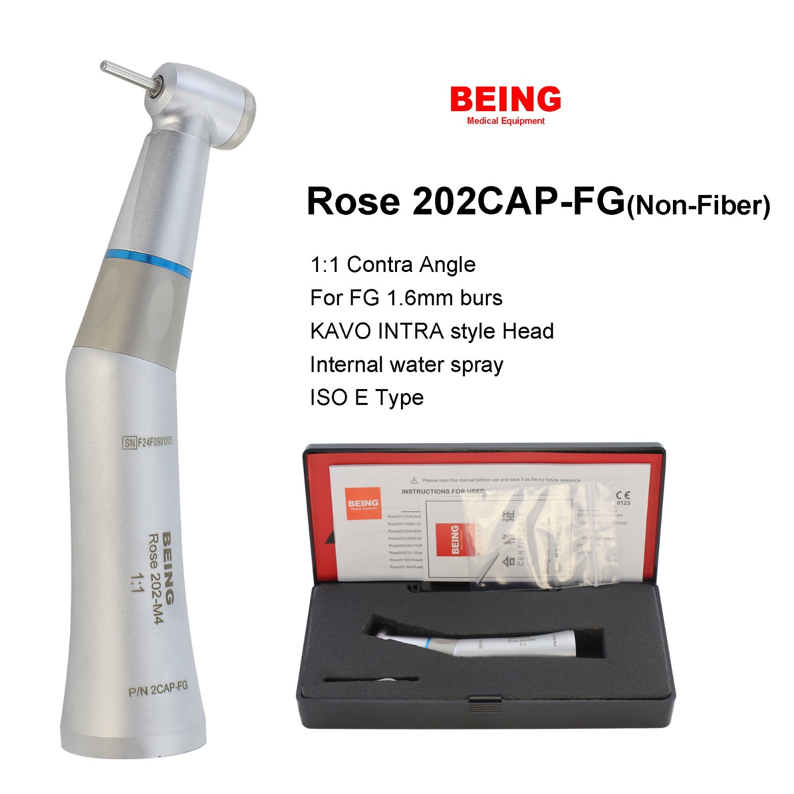 BEING Dental Low Speed Handpiece Contra Angle Air Motor 4H Straight NoseCone 202